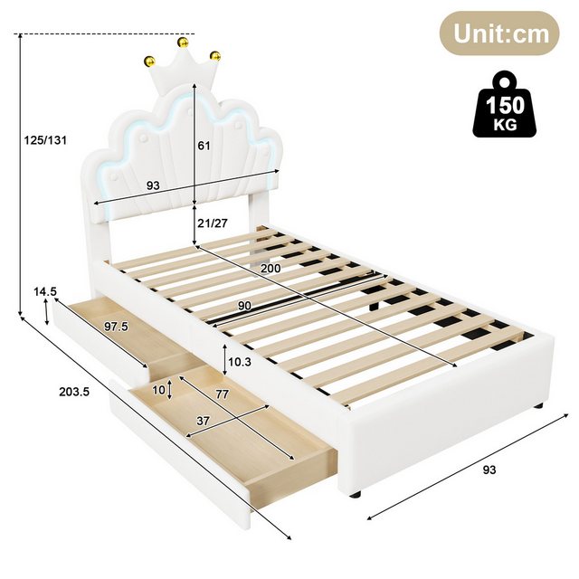 Flieks Polsterbett, LED Kinderbett mit krone-Form Prinzessinnenbett 90x200c günstig online kaufen