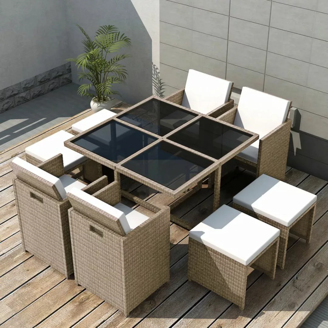 9-tlg. Garten-essgruppe Mit Auflagen Poly Rattan Beige günstig online kaufen