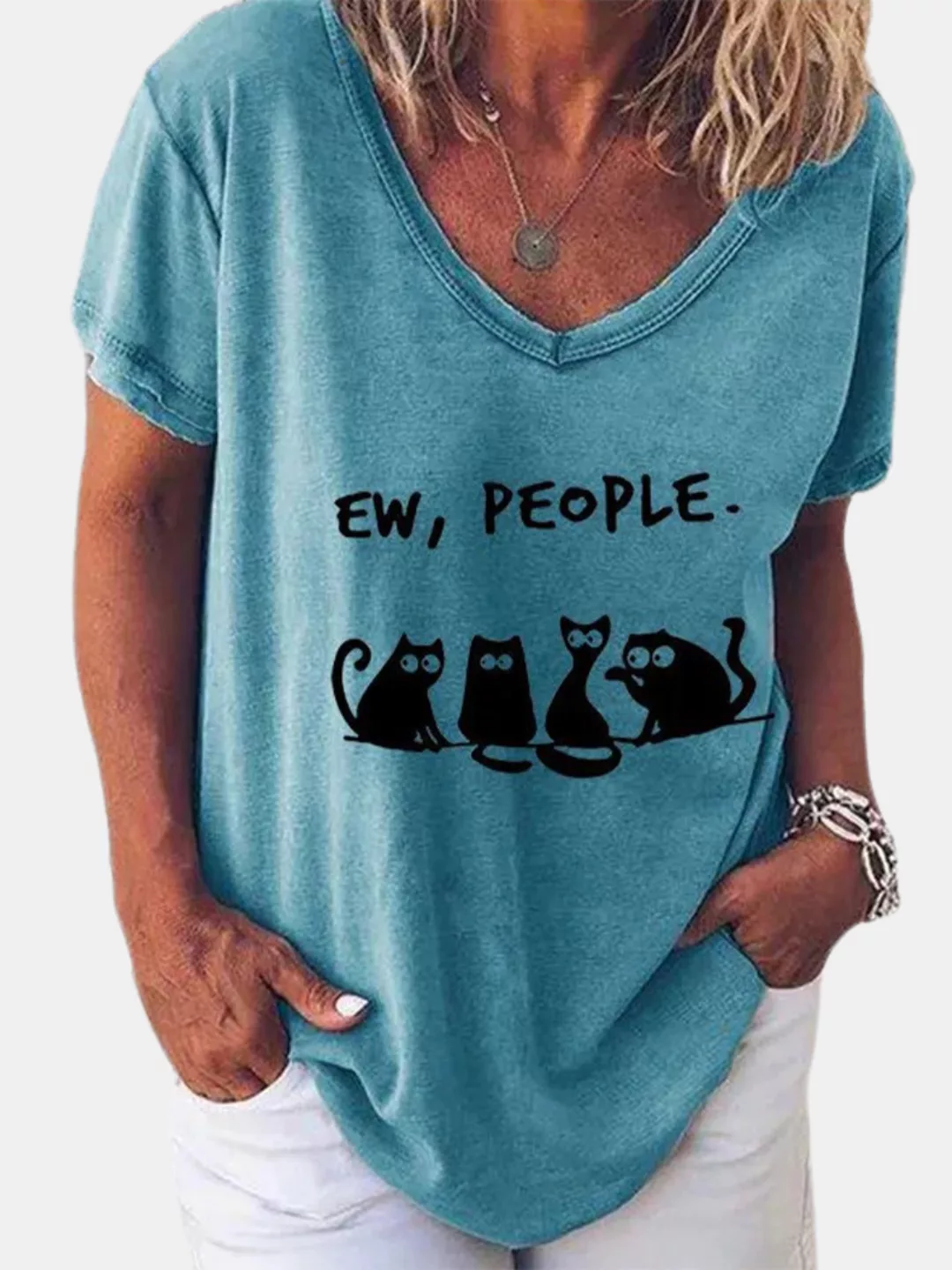Cartoon Katze Bedrucktes Kurzarm-T-Shirt mit V-Ausschnitt für Damen günstig online kaufen