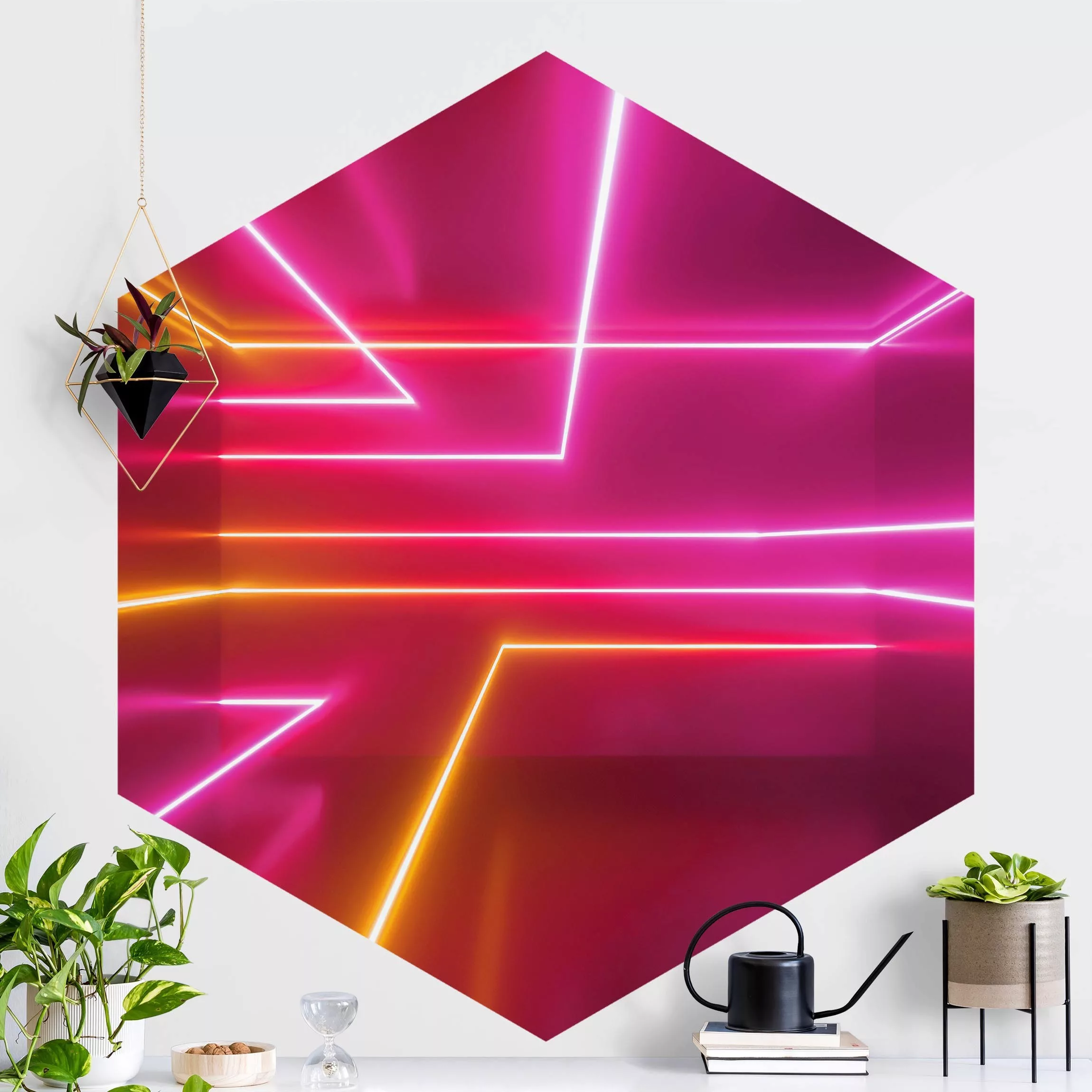 Hexagon Mustertapete selbstklebend Pinke Neonstreifen günstig online kaufen