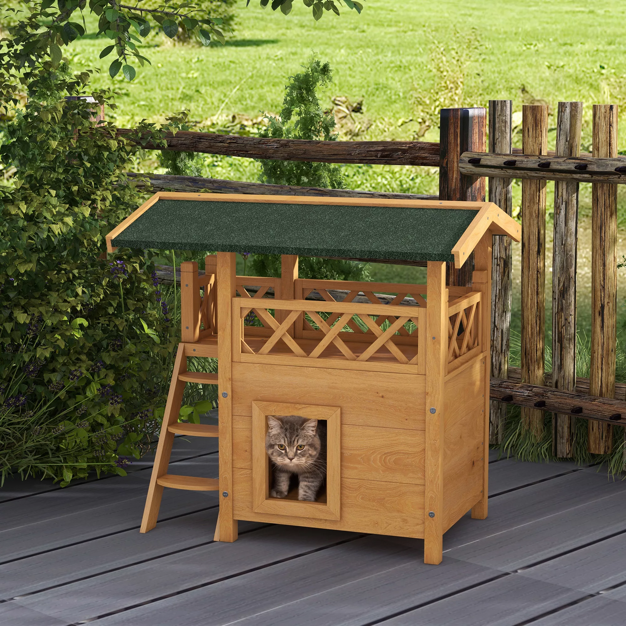 PawHut Katzenhaus  2-stöckig mit Asphaltdach & Balkon, Massivholz Katzenvil günstig online kaufen