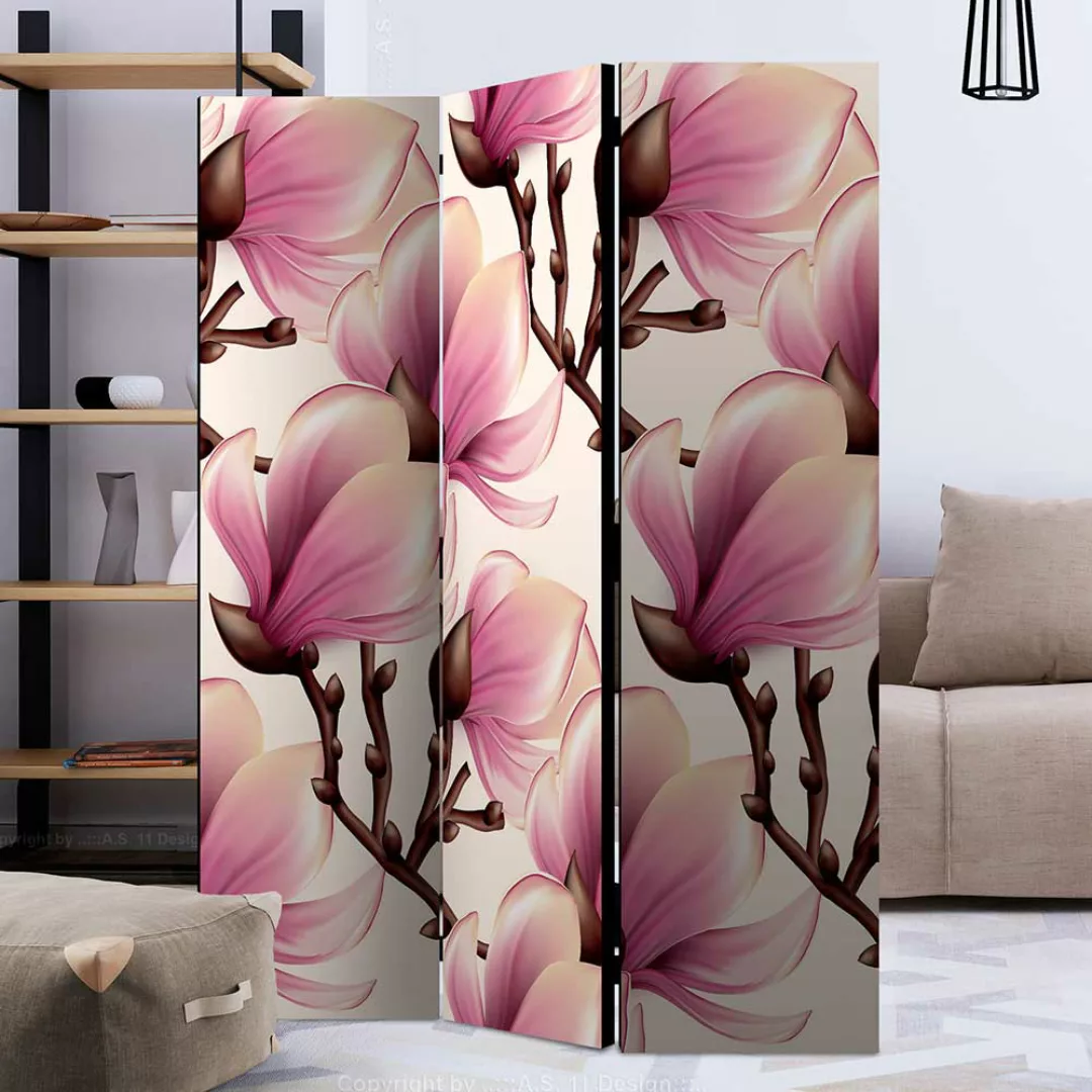 Hoher Paravent in Weiß und Rosa Magnolien Motiv günstig online kaufen