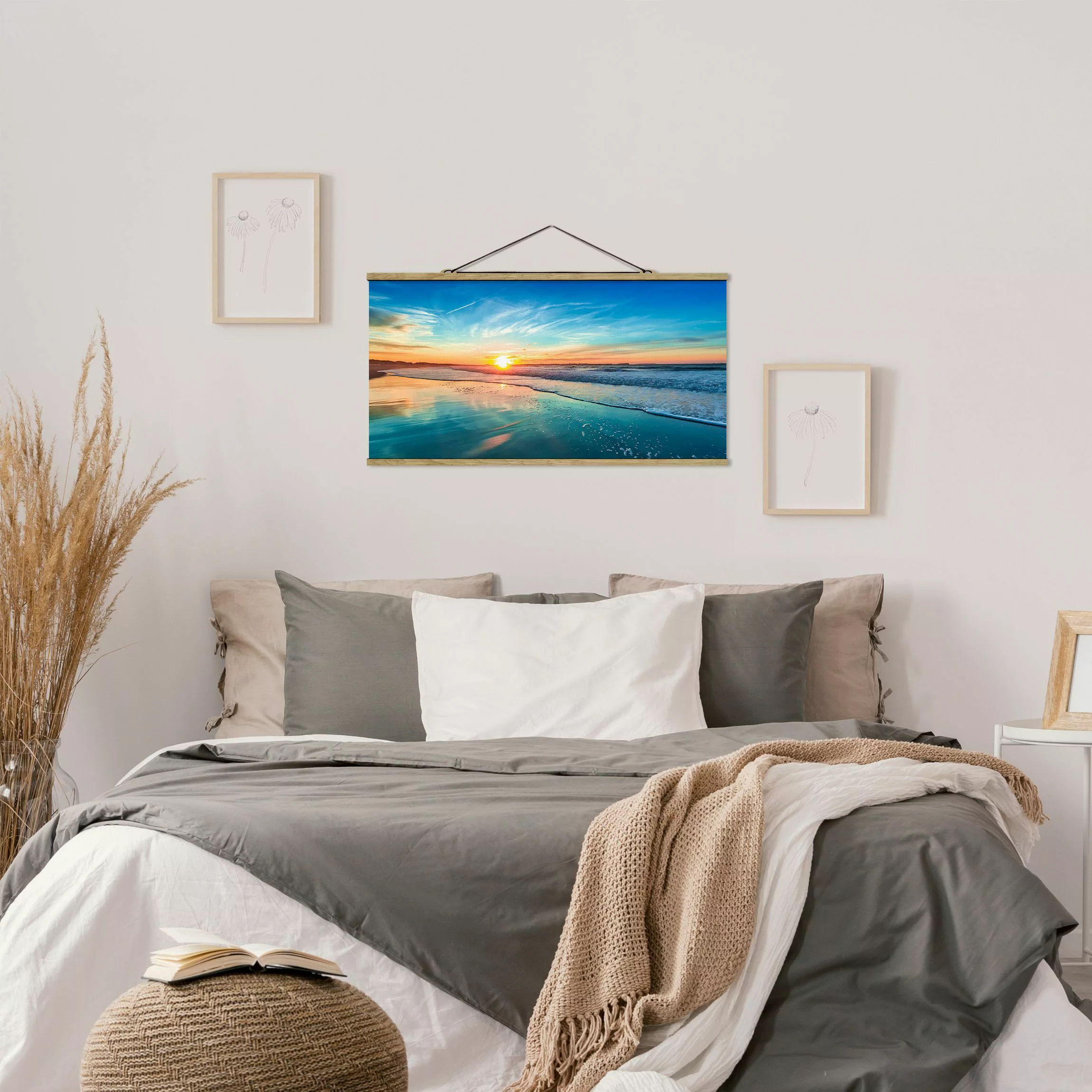 Stoffbild Strand mit Posterleisten - Querformat Romantischer Sonnenuntergan günstig online kaufen