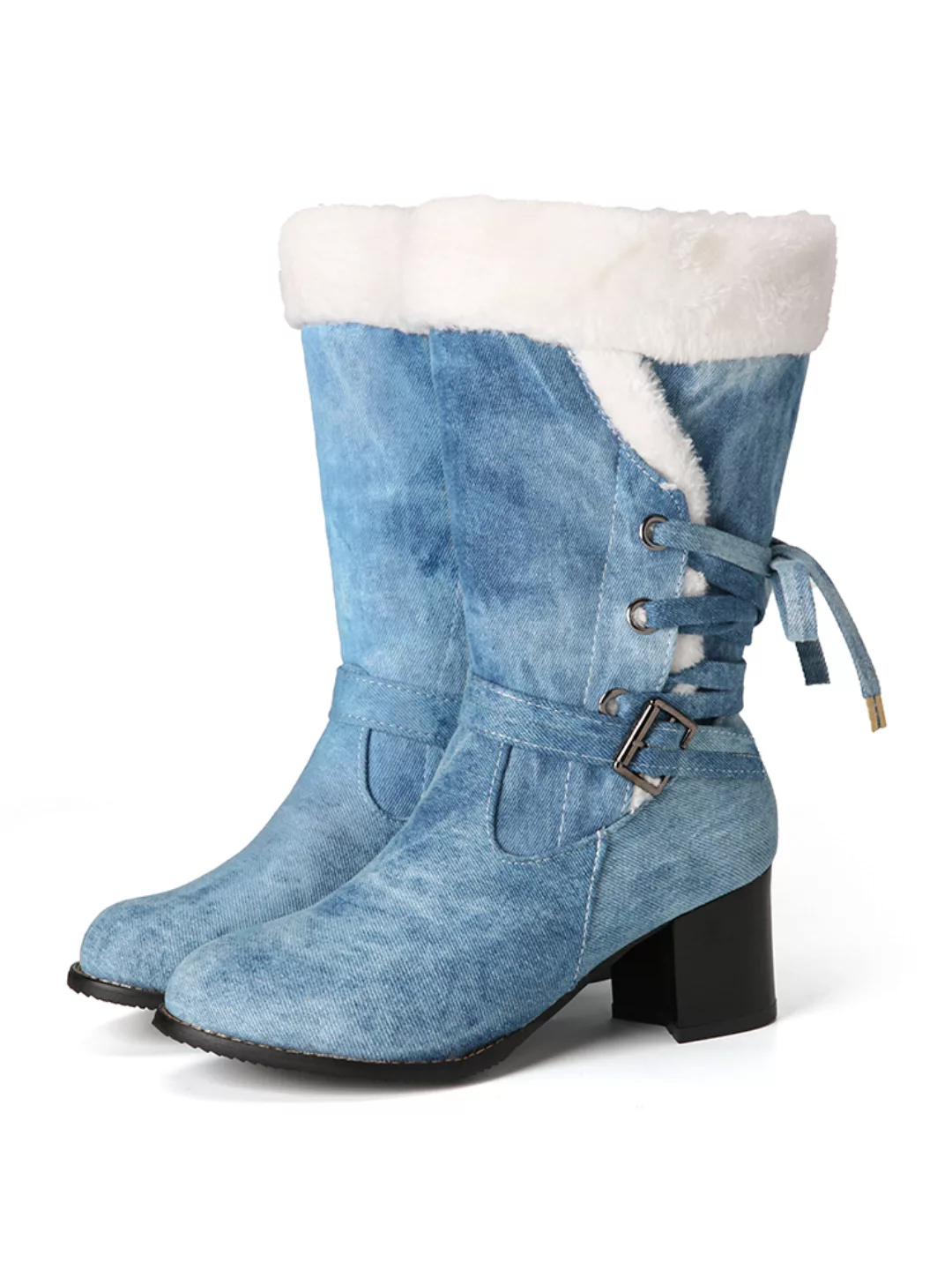 Damen Jeanstuch Warm Plüsch Futter Gürtelschnalle Chunky Heel Snow Stiefel günstig online kaufen