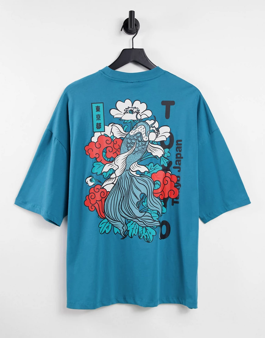 ASOS DESIGN – Oversize-T-Shirt in Blaugrün mit Fisch-Print hinten günstig online kaufen