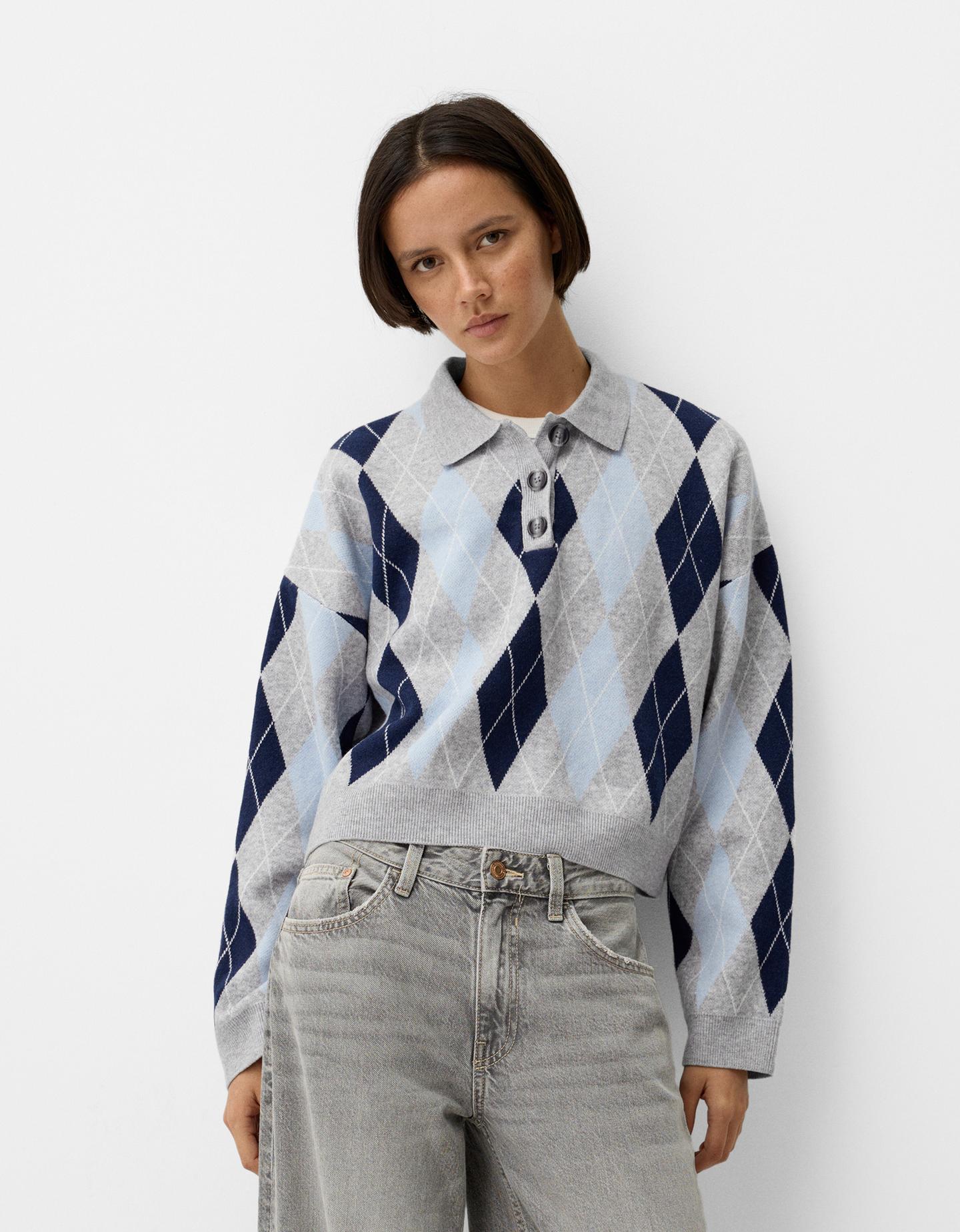 Bershka Pullover Mit Polokragen Und Rautenmuster Damen S Blau günstig online kaufen