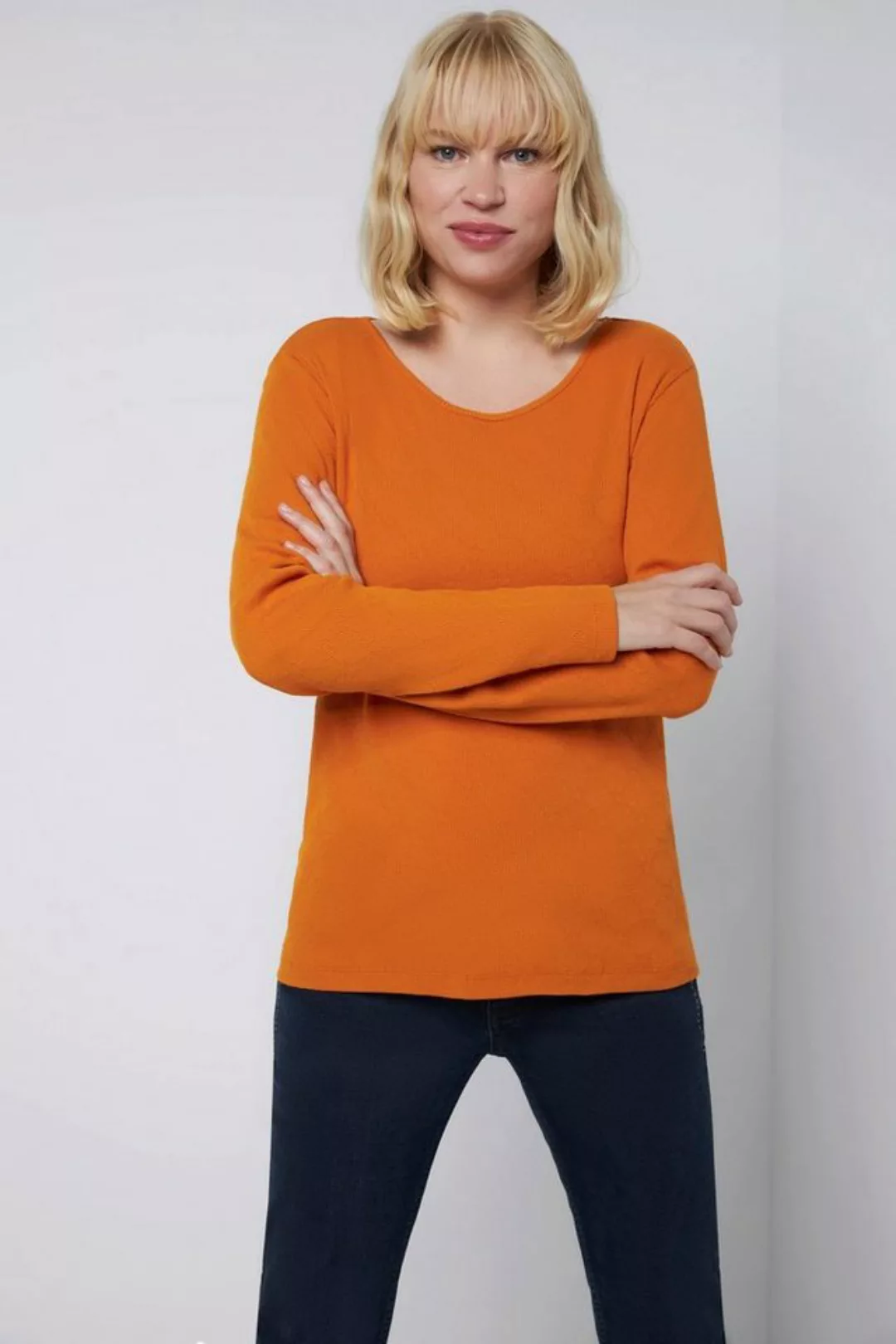 Gina Laura Longsleeve Shirt Ajour-Rippjersey tailliert Rundhals Langarm günstig online kaufen