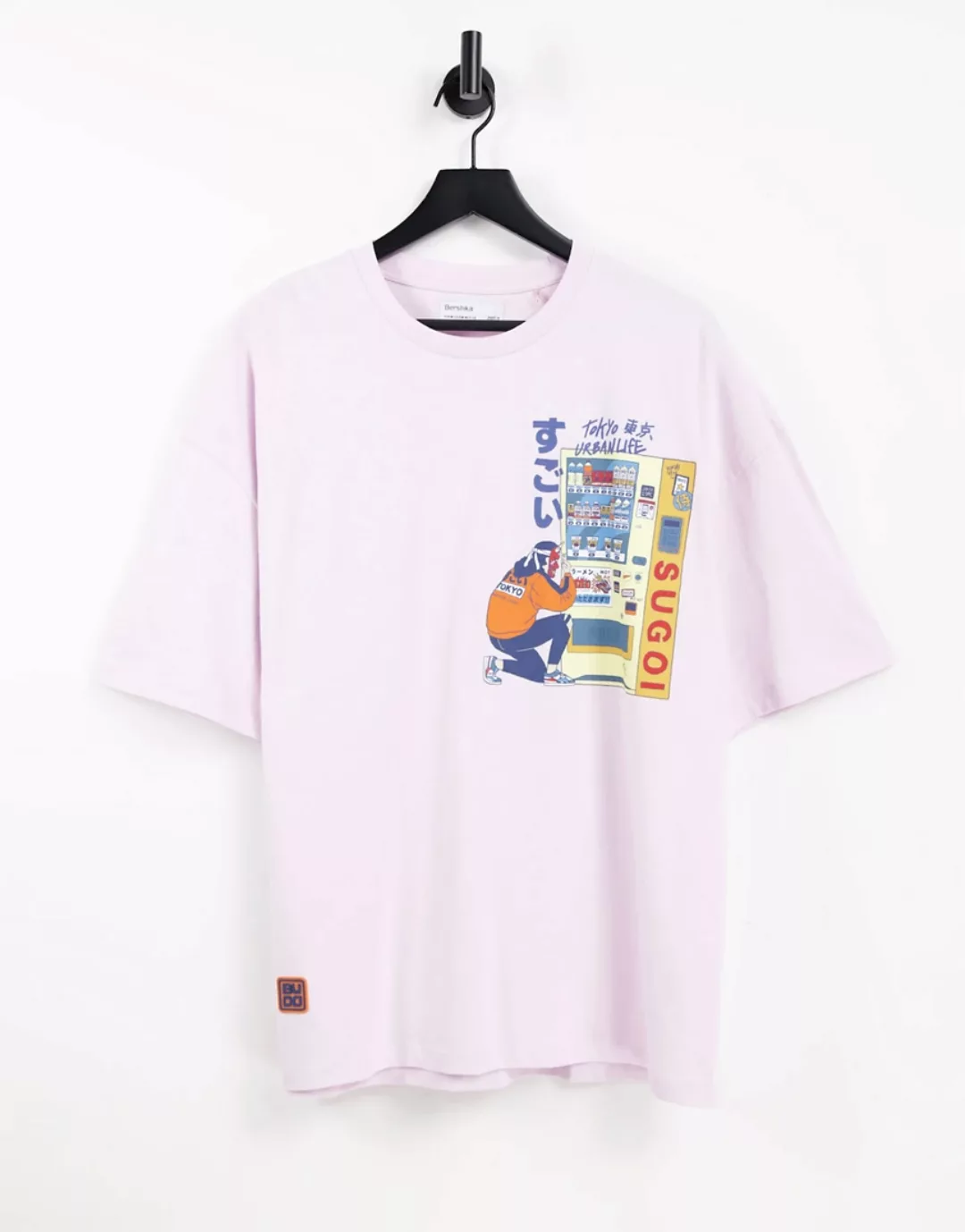 Bershka – T-Shirt in Rosa mit japanischem Print auf dem Rücken günstig online kaufen