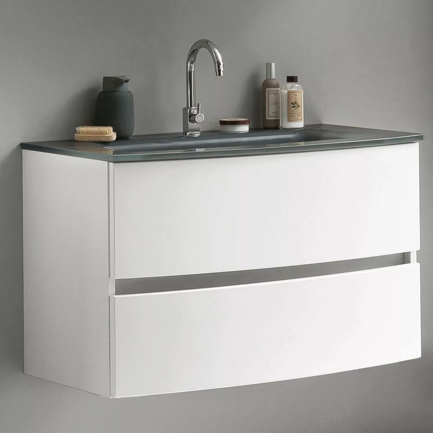 Badezimmer Einzelwaschtisch 80 cm matt weiß LAURIA-03 inkl. Glaswaschbecken günstig online kaufen