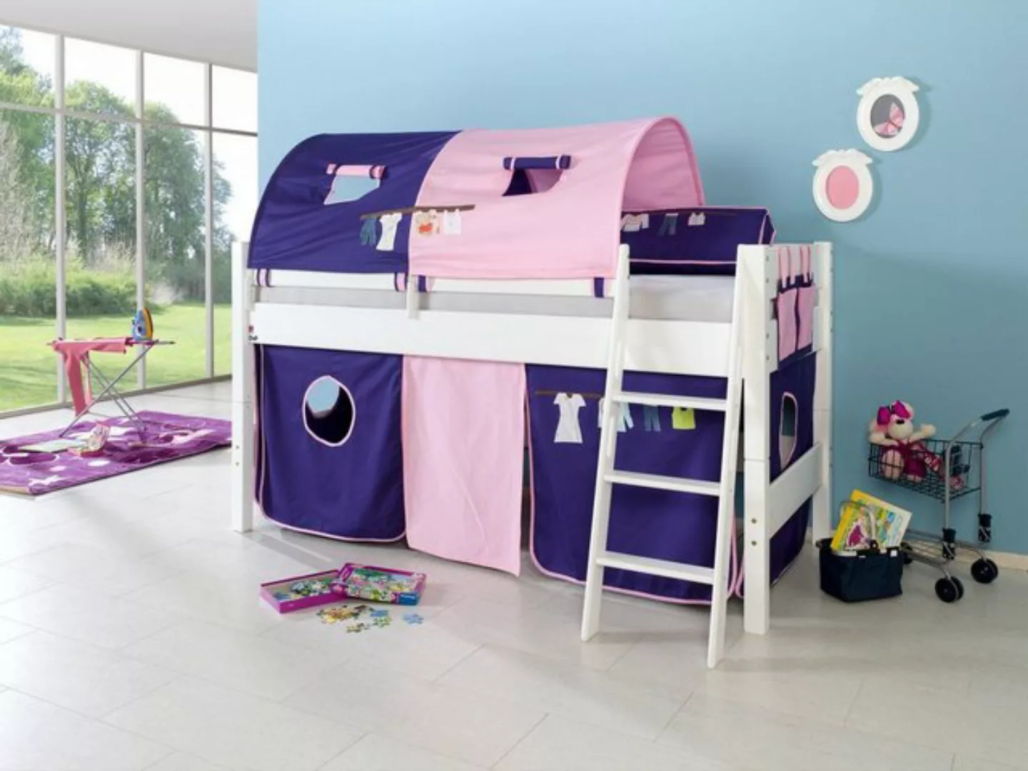 Natur24 Kinderbett Halbhohes Einzelbett Kim Buche Weiß lackiert 90x200cm Ei günstig online kaufen