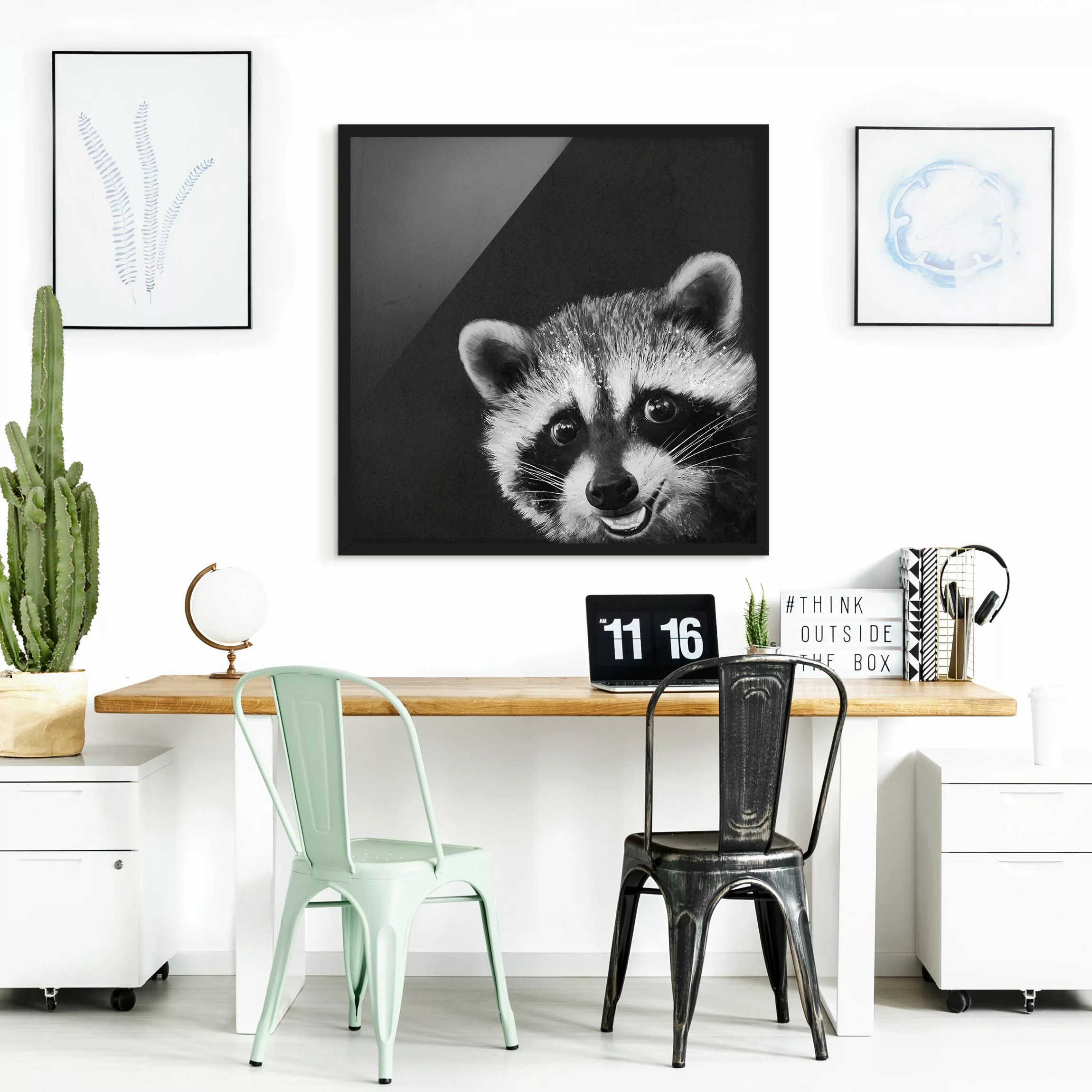 Bild mit Rahmen - Quadrat Illustration Waschbär Schwarz Weiß Malerei günstig online kaufen