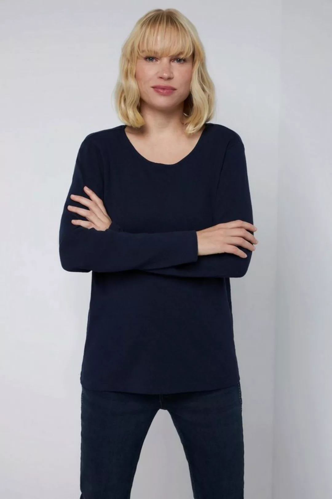 Gina Laura Longsleeve Shirt Ajour-Rippjersey tailliert Rundhals Langarm günstig online kaufen