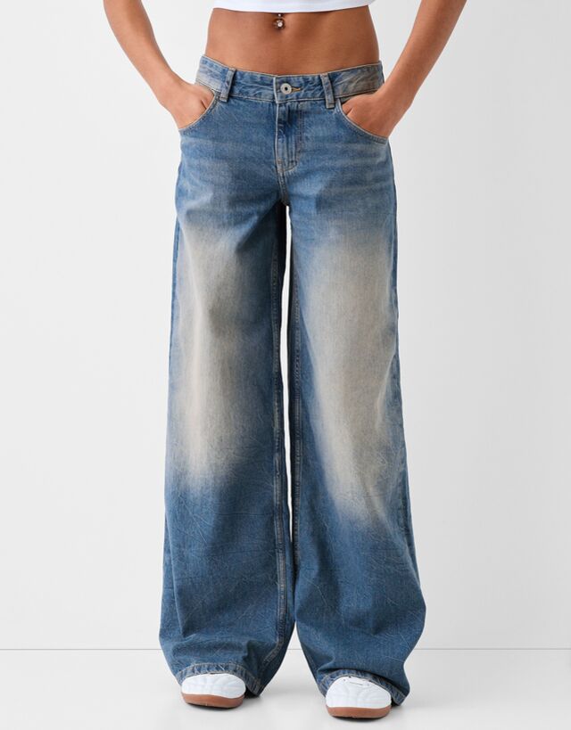 Bershka Low Waist Baggy-Jeans Damen 44 Ausgewaschenes Blau günstig online kaufen