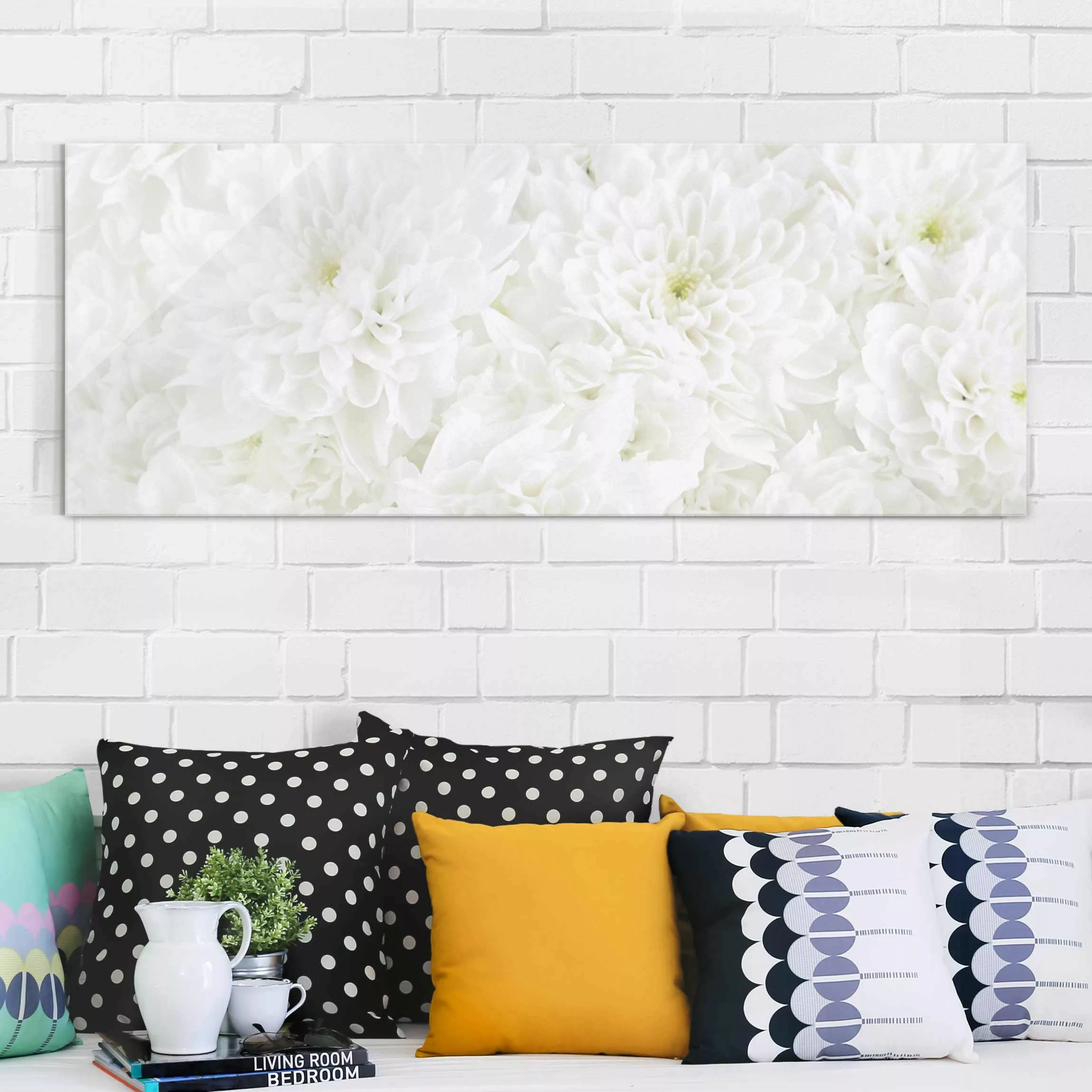 Glasbild Blumen - Panorama Dahlien Blumenmeer weiß günstig online kaufen