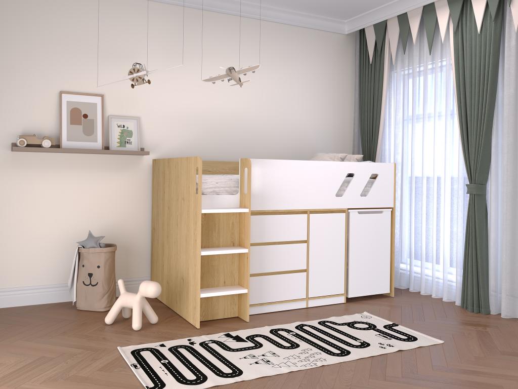 Kombi-Bett 90 x 190 cm - Mit Schreibtisch & Stauraum - Holzfarben & Weiß + günstig online kaufen
