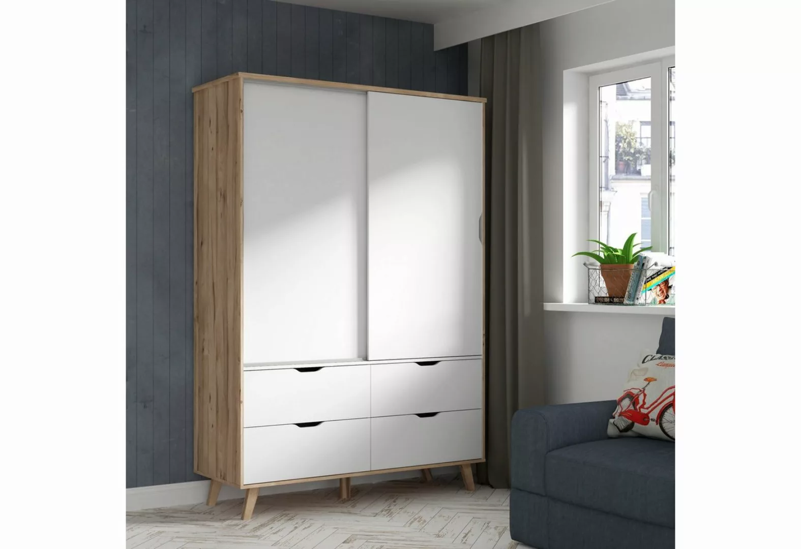 freiraum Kleiderschrank VANKKA in Planked Eiche, Weiss - 139,4x201,5x52,7cm günstig online kaufen