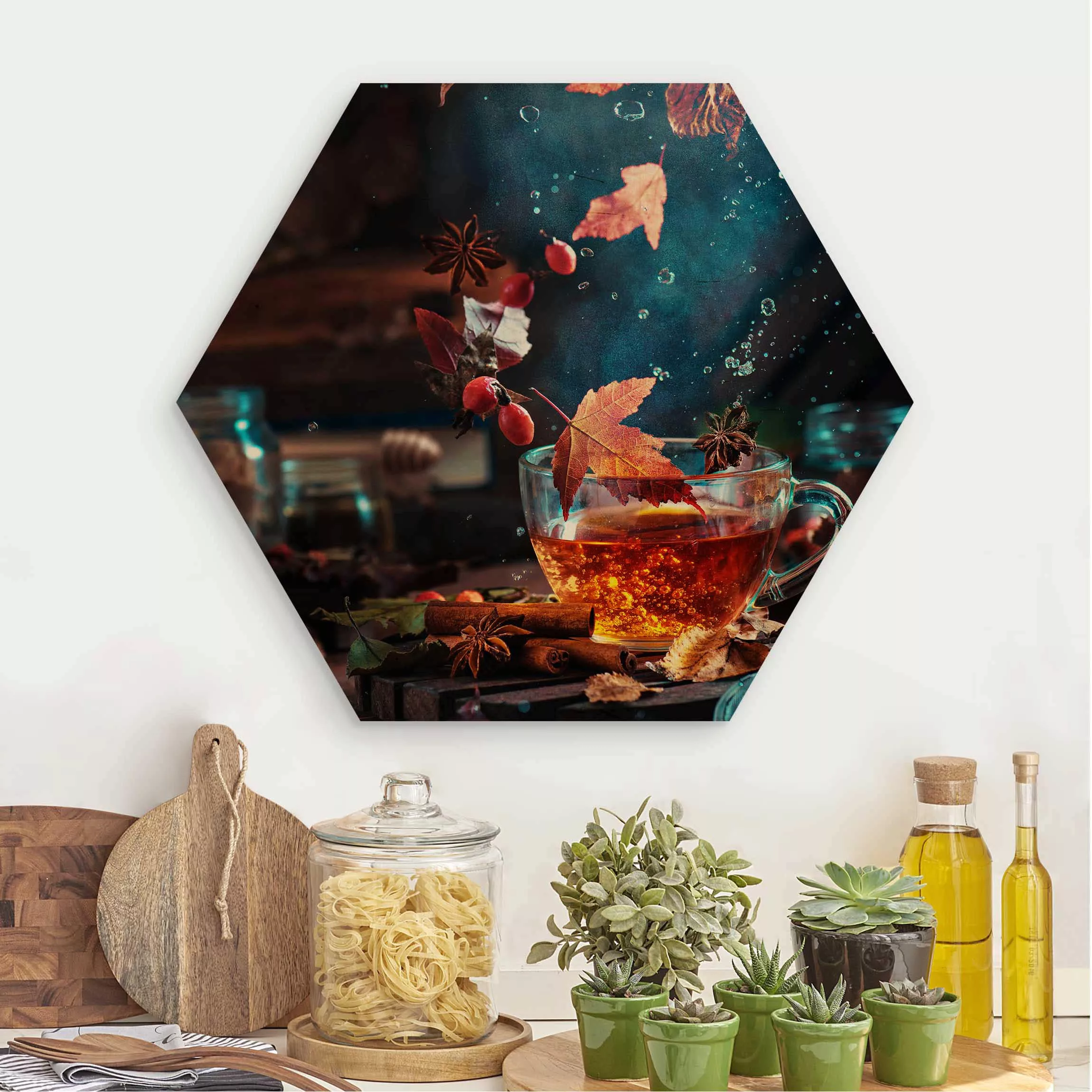 Hexagon-Holzbild Küche Teetasse im Herbst günstig online kaufen