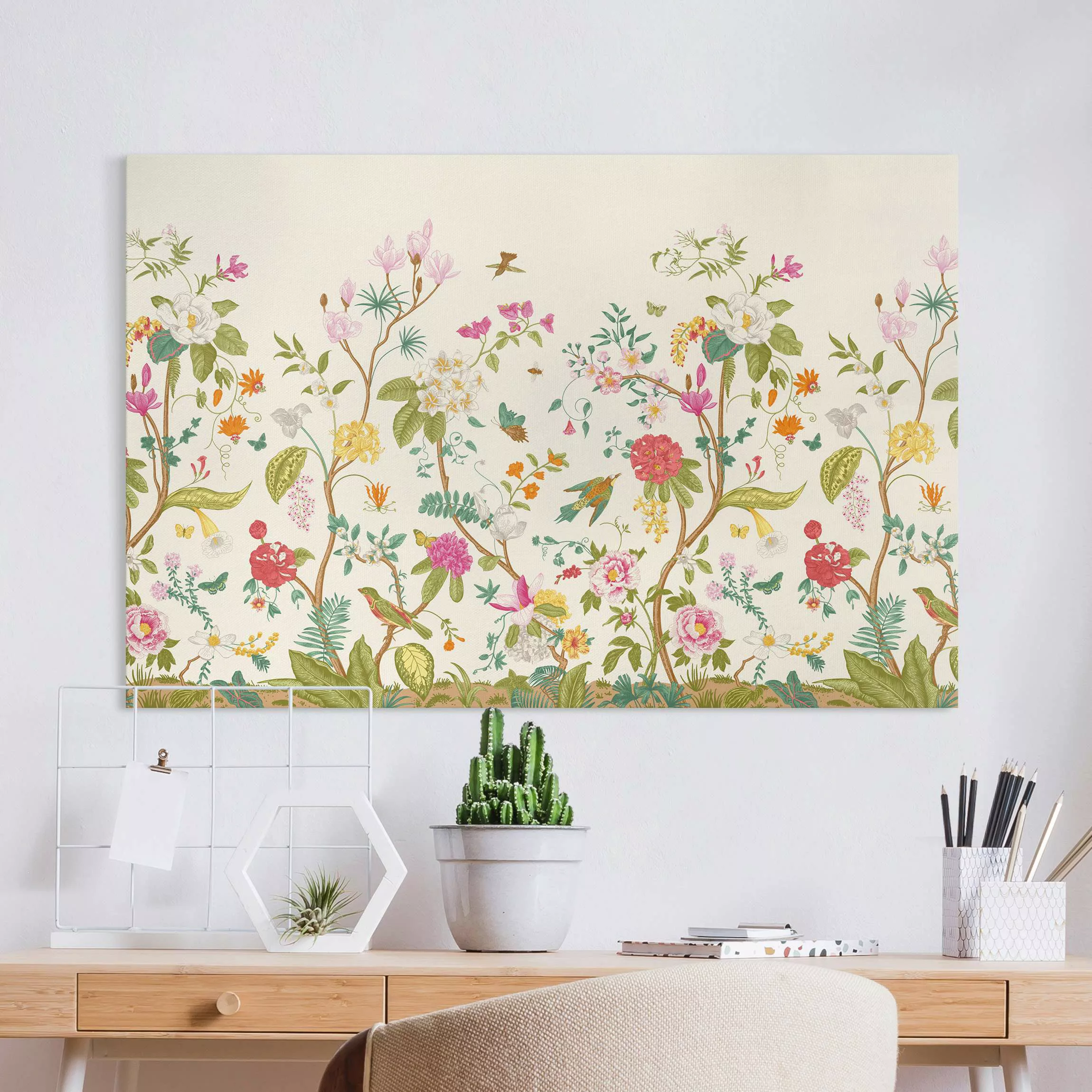 Leinwandbild Illustrierte Blumen Chinoiserie auf Gelb günstig online kaufen