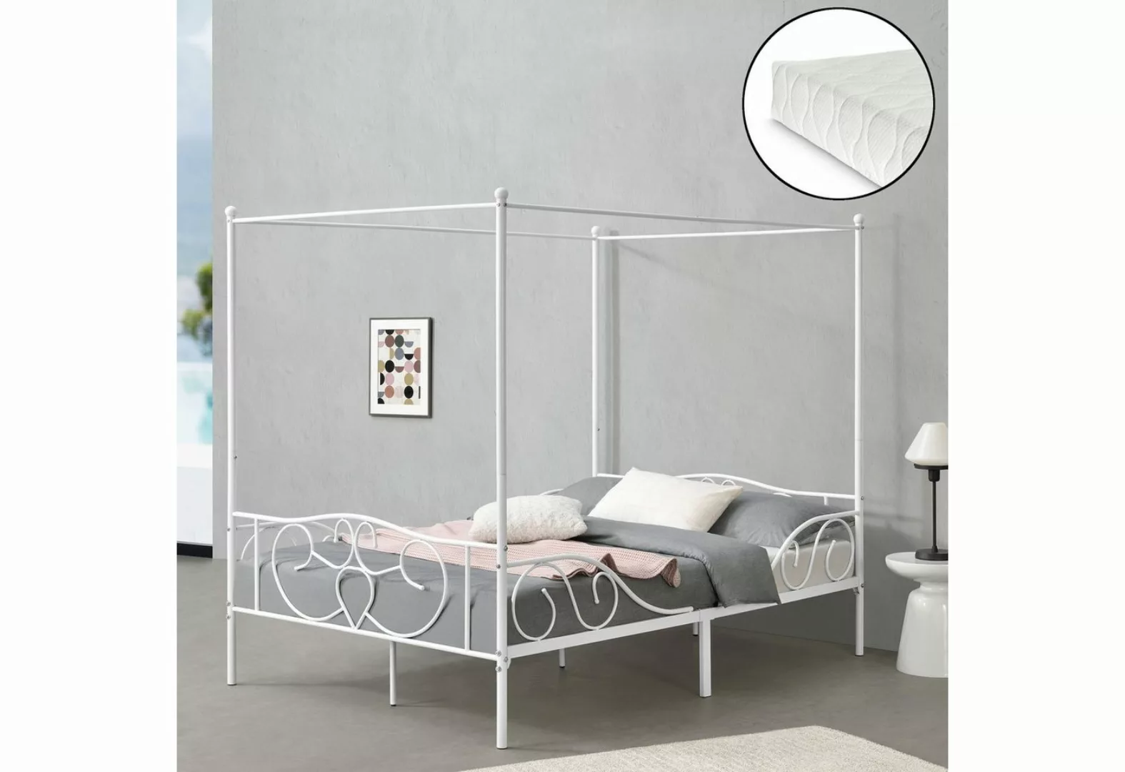 en.casa Himmelbett, »Finström« Doppelbett aus Stahl 140x200 cm mit Matratze günstig online kaufen