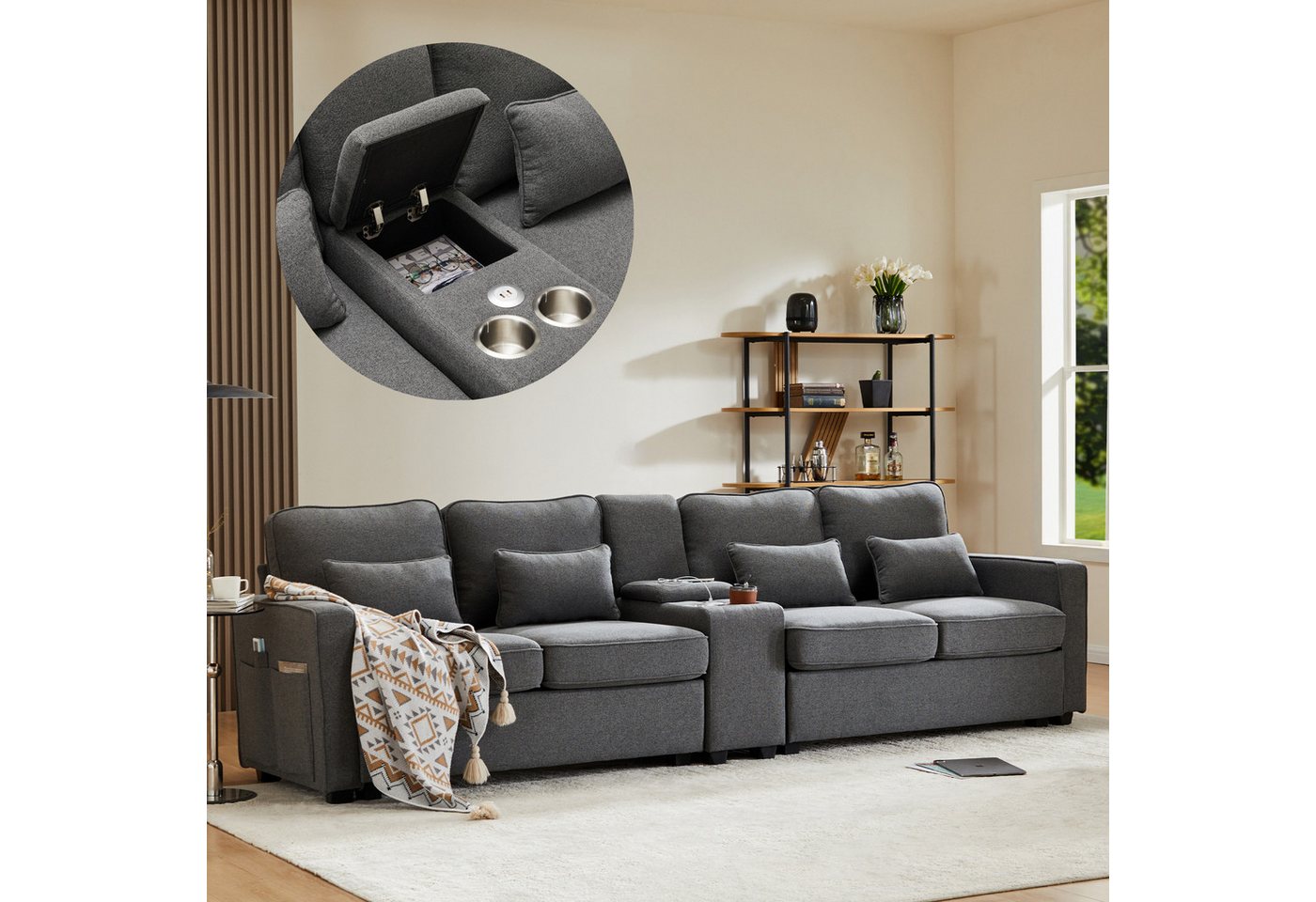 SeedWave Big-Sofa 4-Sitzer Sofa mit Konsole, Big Sofa breite 260 cm, Leinen günstig online kaufen