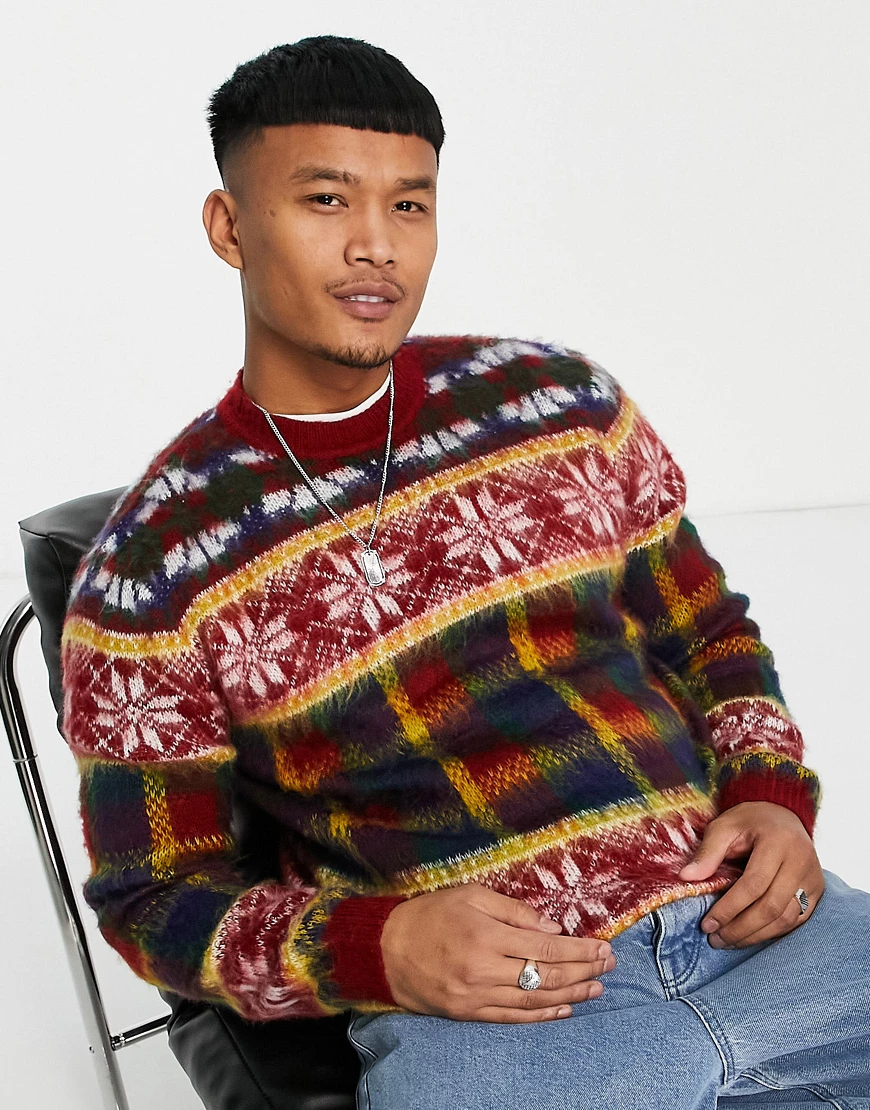 ASOS DESIGN – Flauschiger, weihnachtlicher Strickpullover mit Karomuster in günstig online kaufen