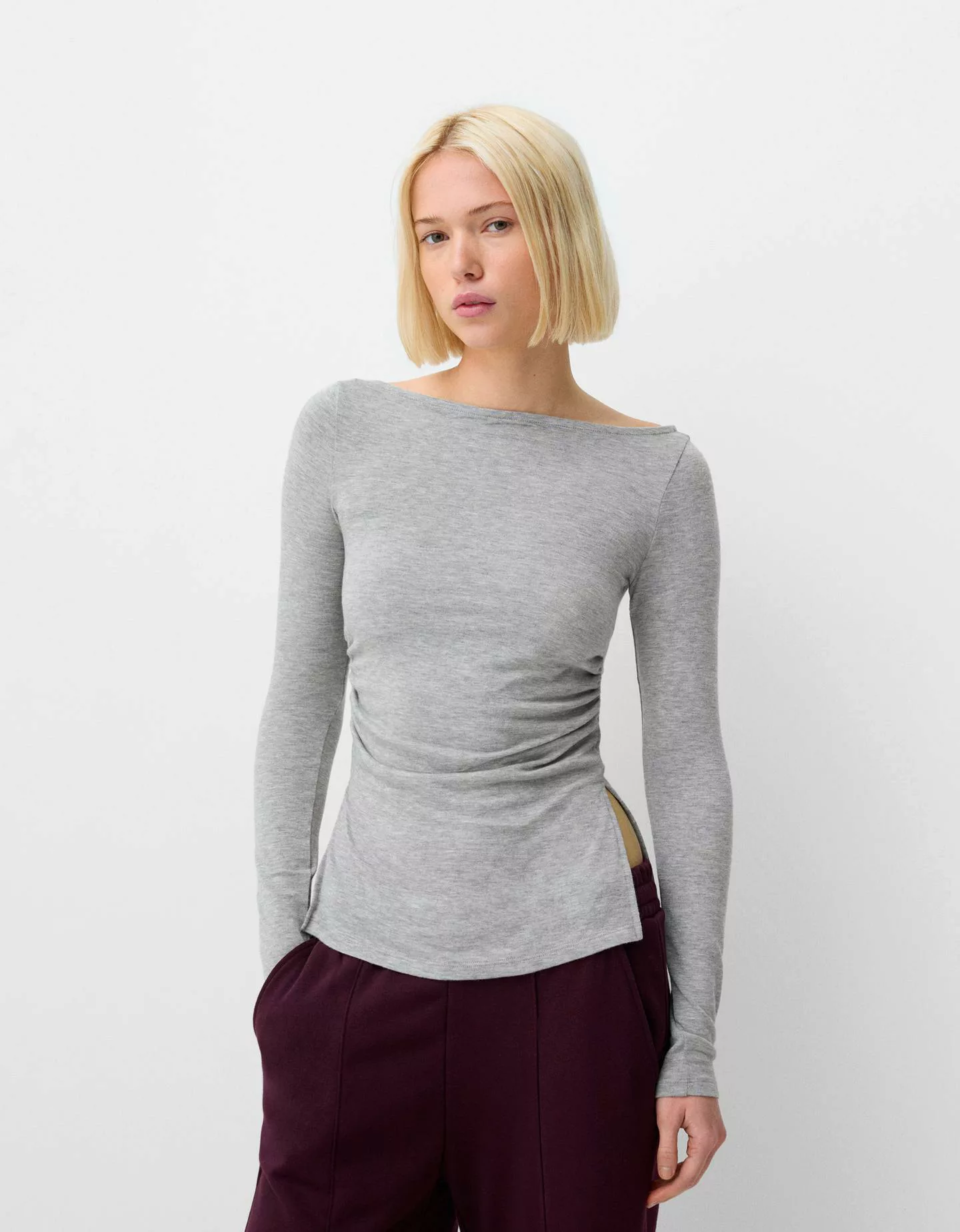 Bershka Langarmshirt Mit Raffung Damen S Grau günstig online kaufen