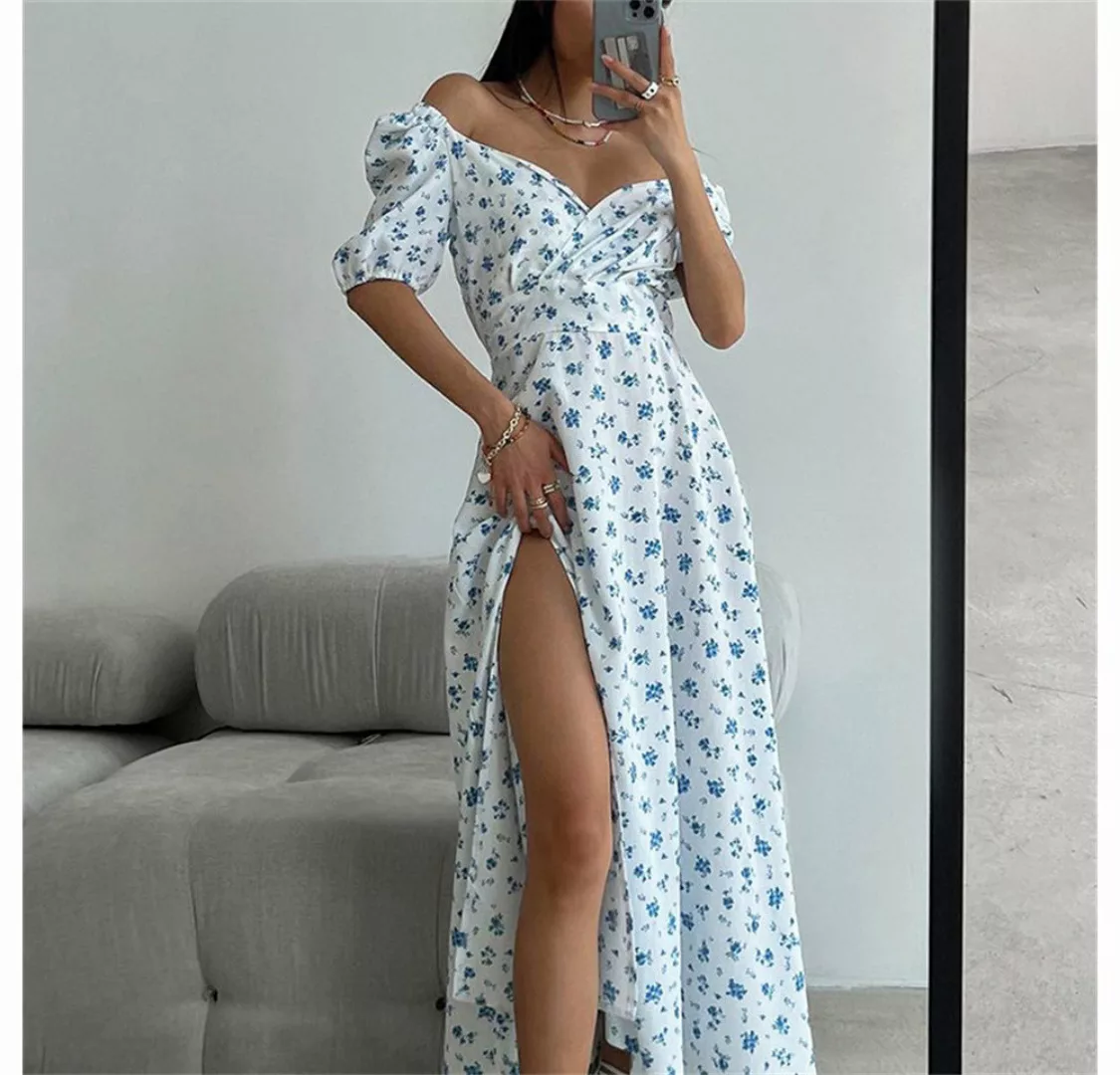 RUZU UG Maxikleid Kleid Damen Dopamin Damen Sexy V-Ausschnitt Puffärmel günstig online kaufen