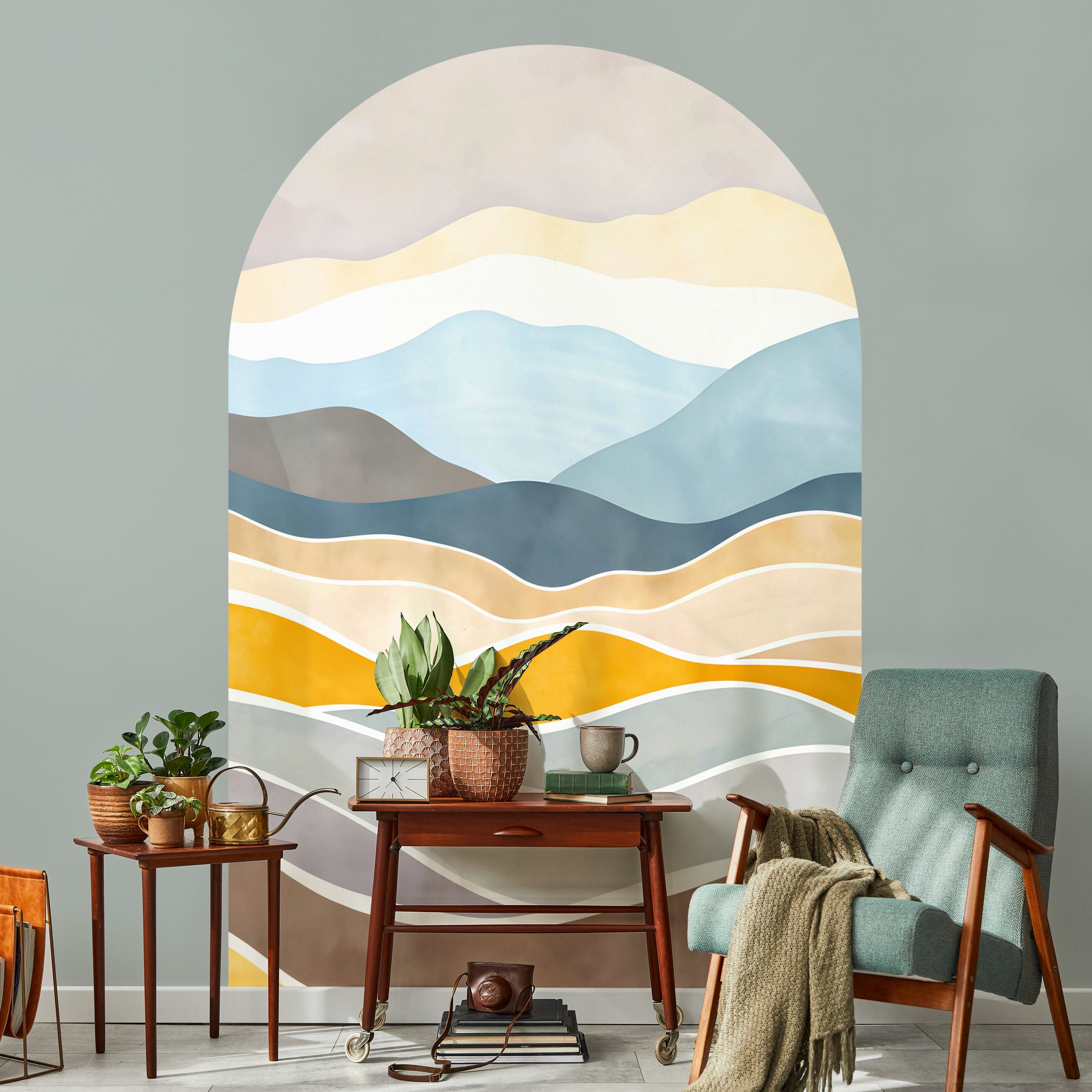 Rundbogen Tapete Minimalistische Boho Landschaft Gelb Pastellblau günstig online kaufen