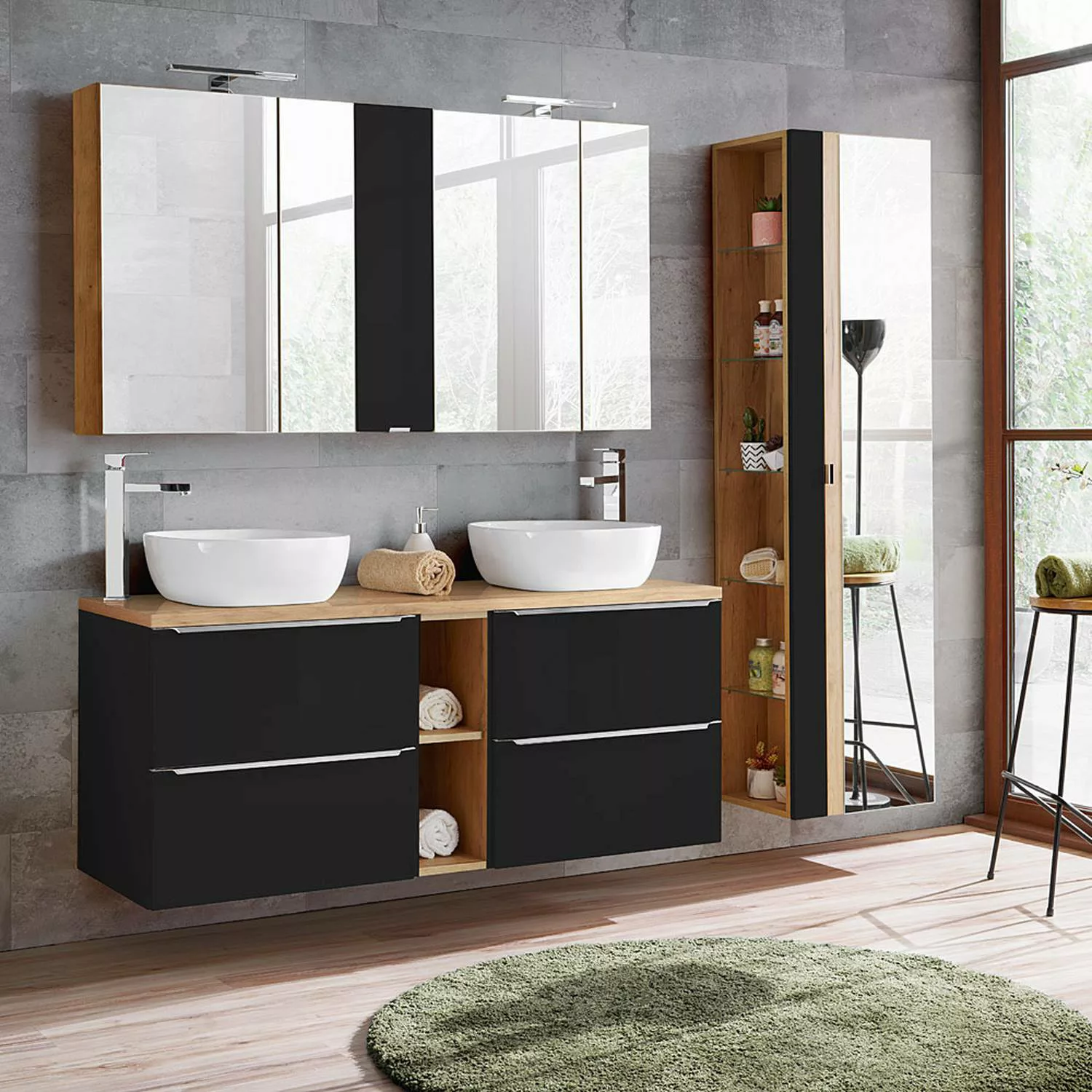 Badmöbelset mit 2 Keramik-Aufsatzwaschbecken und 2 Spiegelschränken TOSKANA günstig online kaufen