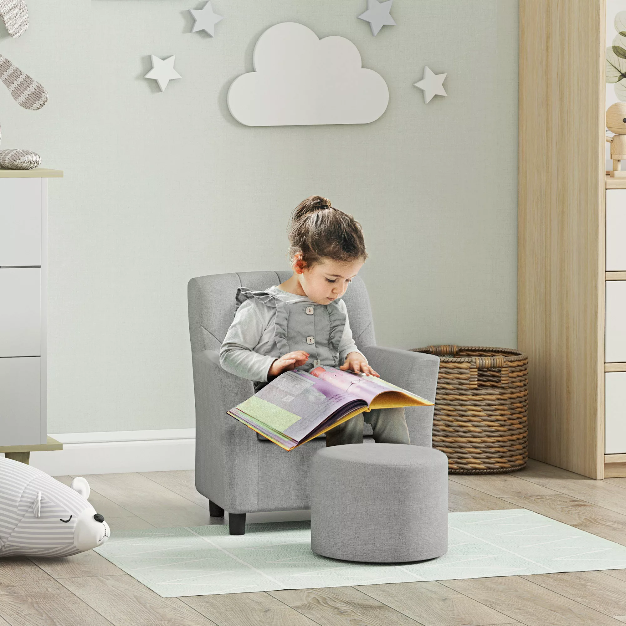 AIYAPLAY Kindersessel mit Fußhocker Kindersofa ab 18 Monaten in Leinentopti günstig online kaufen