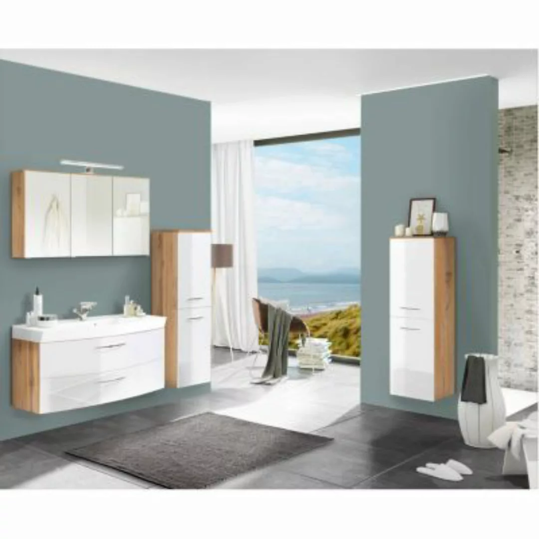 Lomadox Badezimmermöbel Set mit 120cm Wasch-Becken FLORIDO-03-OAK weiß Hoch günstig online kaufen