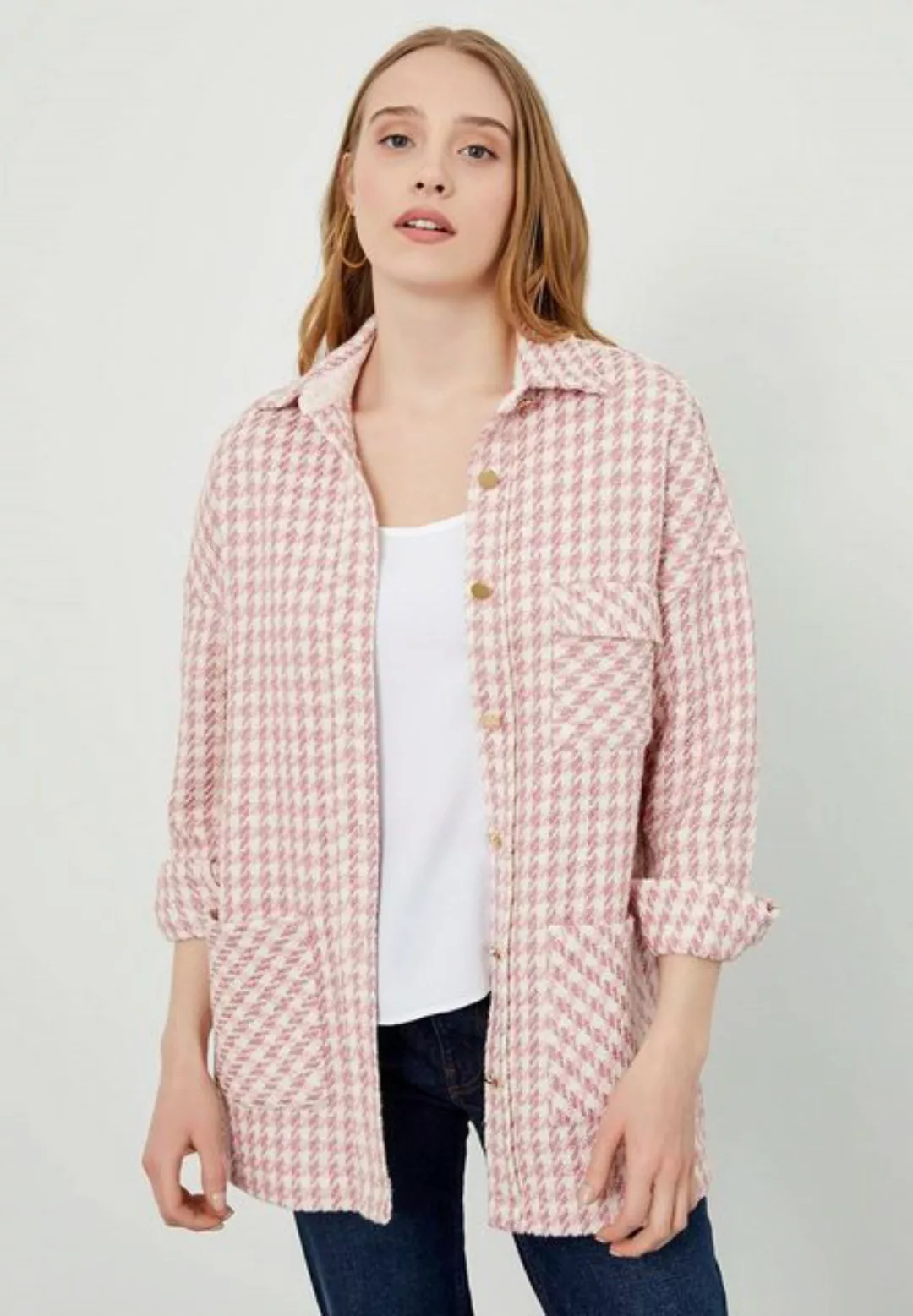 Just Like You Hemdjacke Hemdjacke aus cremefarbenem Tweed-Stoff in Übergröß günstig online kaufen