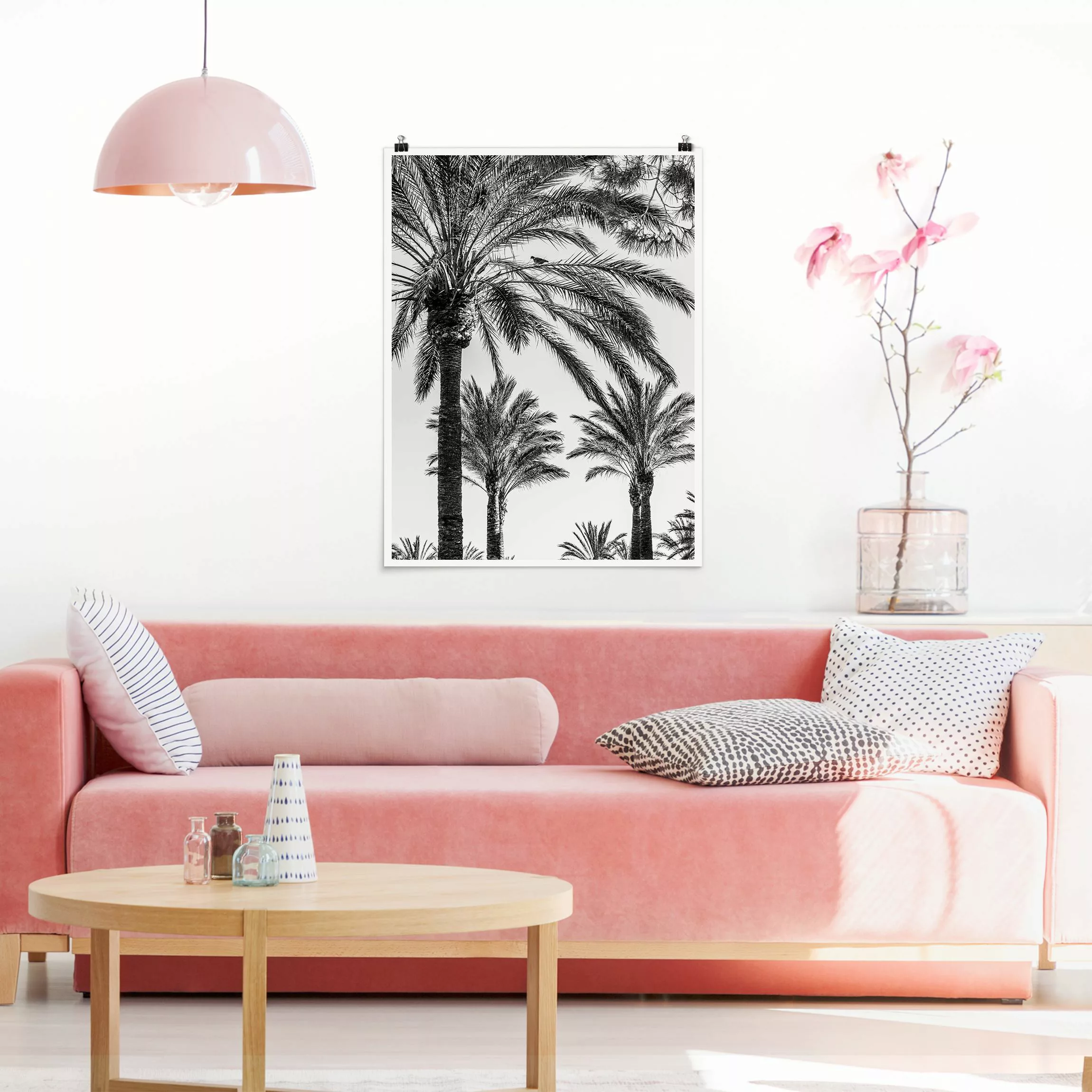 Poster Palmen im Sonnenuntergang Schwarz-Weiß günstig online kaufen