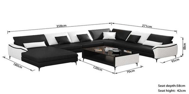 Xlmoebel Ecksofa Neue großes schwarzes Ledersofa in U-Form mit Couchen für günstig online kaufen