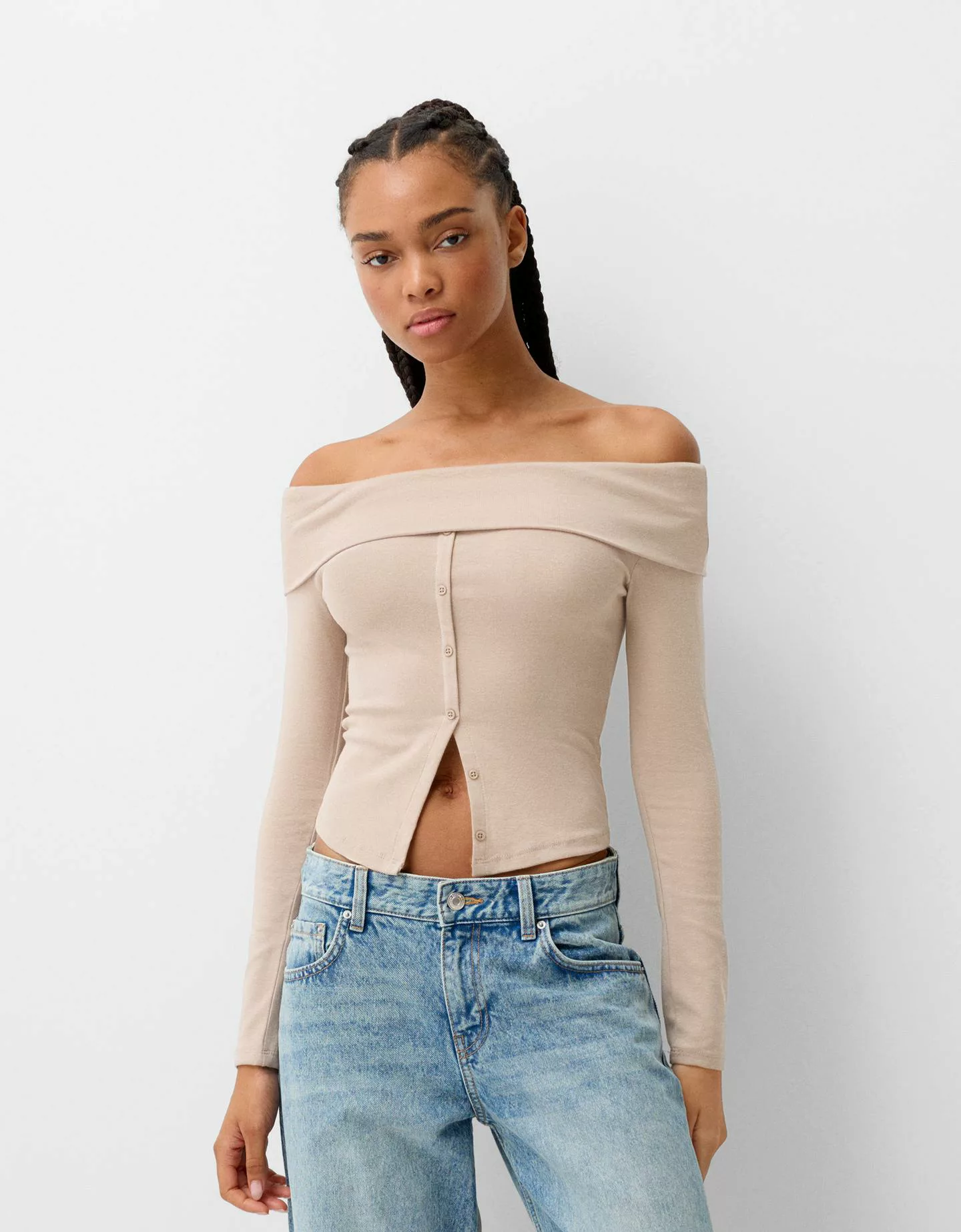 Bershka Geknöpftes Langarmshirt Damen Xs Sandfarbe günstig online kaufen