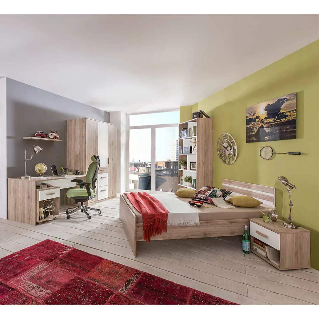 Jugendzimmer komplett Set in Eiche San Remo Weiß (siebenteilig) günstig online kaufen