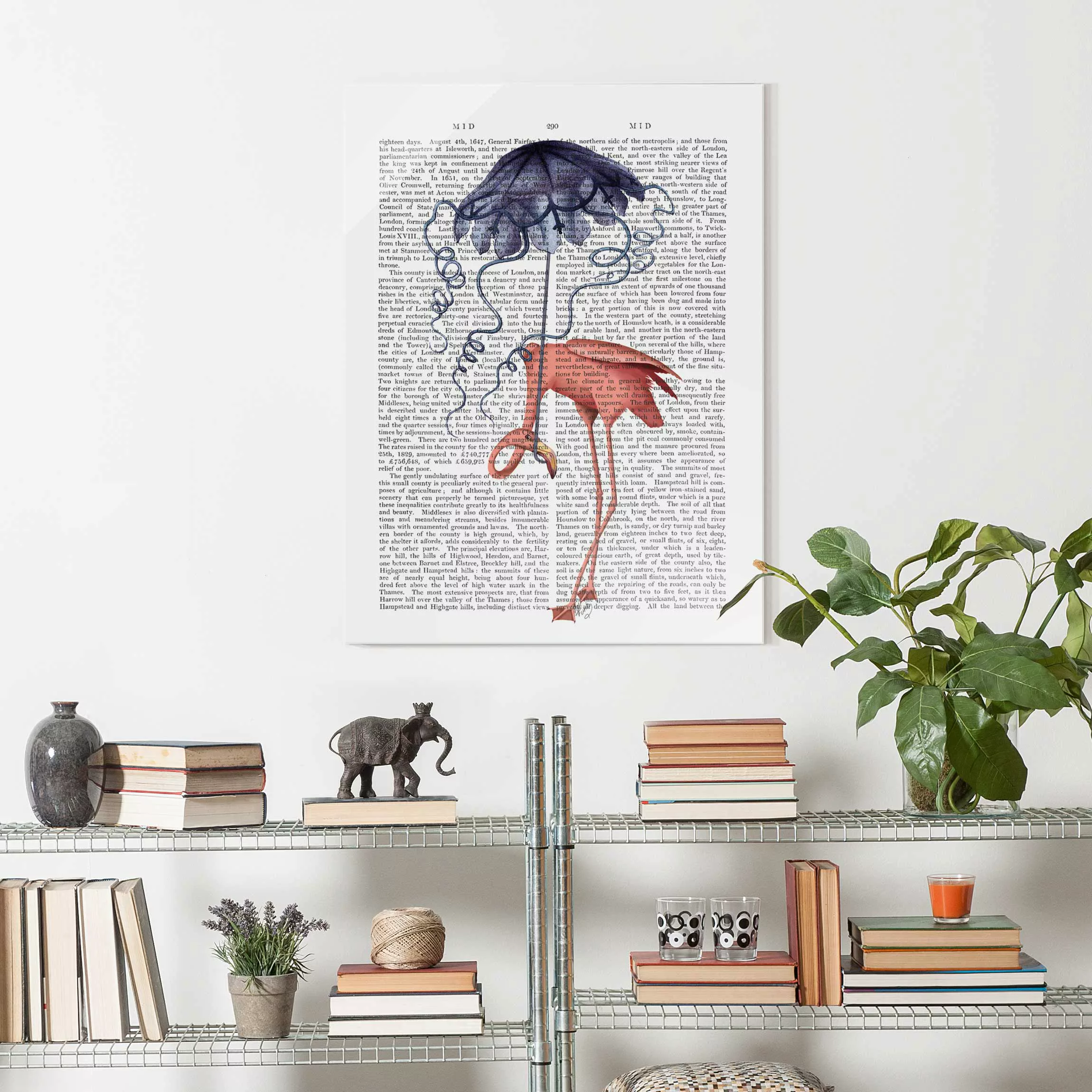 Glasbild Spruch - Hochformat Tierlektüre - Flamingo mit Regenschirm günstig online kaufen