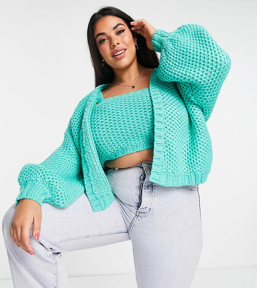 ASOS DESIGN Curve – Grobe Strickjacke in Grün mit Waffelstich, Kombiteil günstig online kaufen