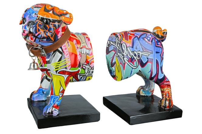 Pop Art Figur Deko Skulptur 2er Set Buchstützen Hund Street Art Bulldogge G günstig online kaufen