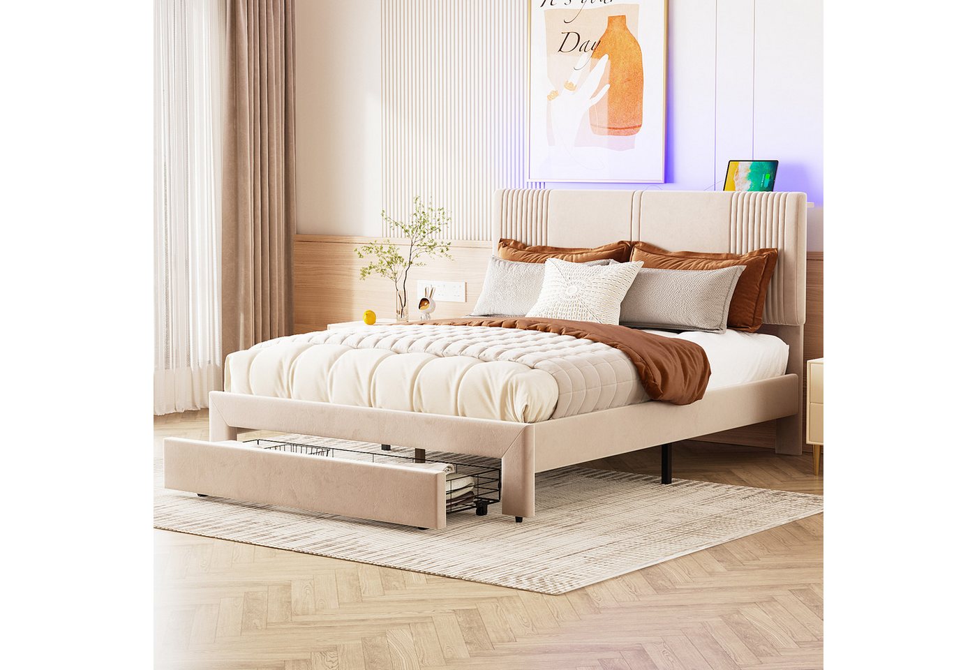 Flieks Polsterbett, LED Doppelbett 140x200cm mit 2 USB-Ladeanschlüsse und g günstig online kaufen