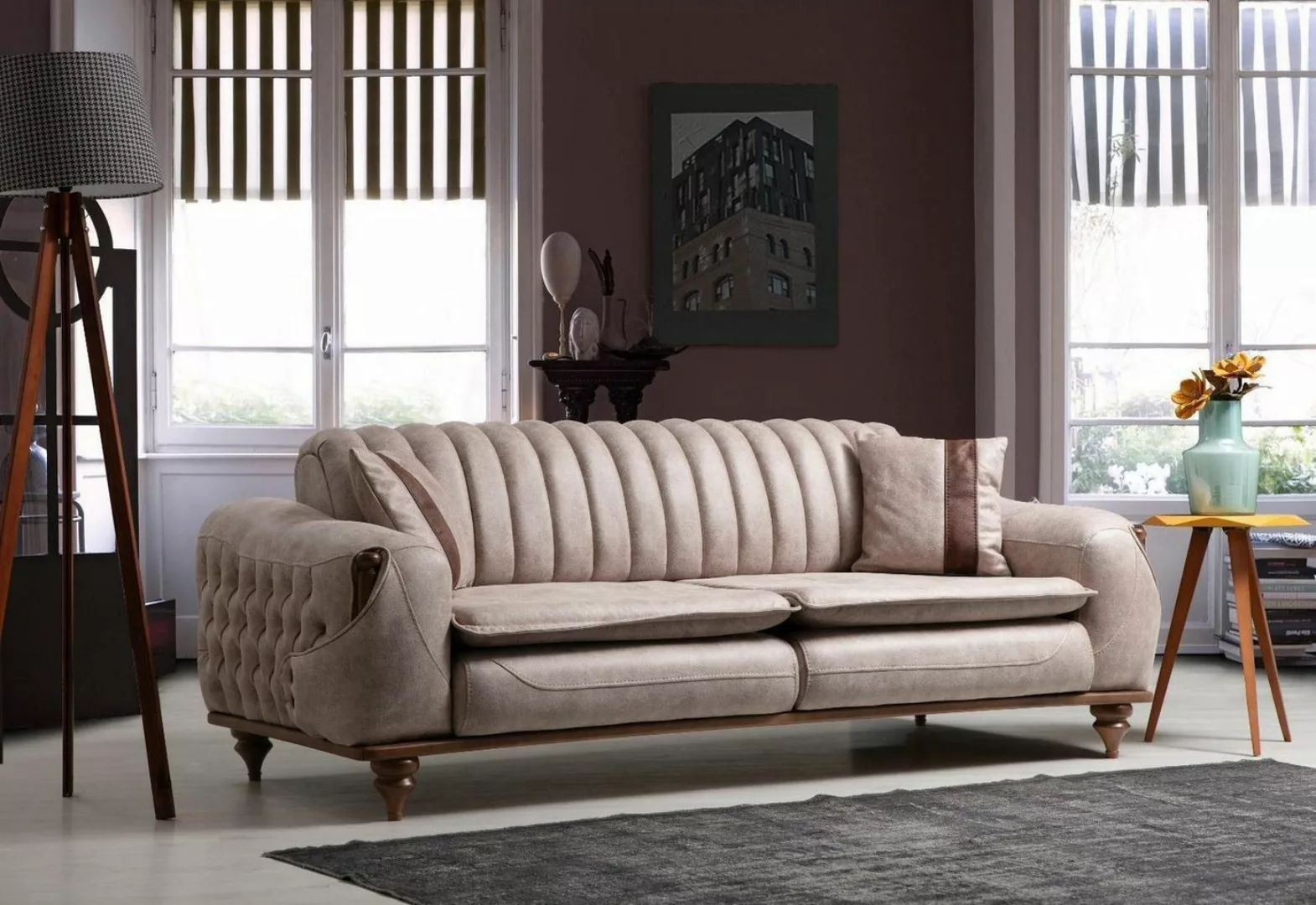 JVmoebel Chesterfield-Sofa Beige Dreisitzer Chesterfield Couch Polster Möbe günstig online kaufen