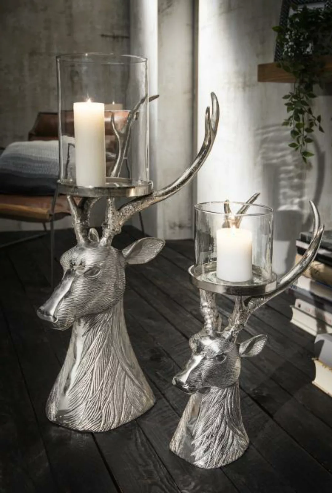 Kerzenhalter mit Glas 80 cm hoch HIRSCH Silber Vintage günstig online kaufen