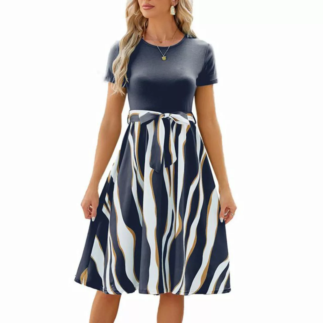 BlauWave Sommerkleid Rundhalsausschnitt Midikleid Gemusterte Klei Cocktailk günstig online kaufen