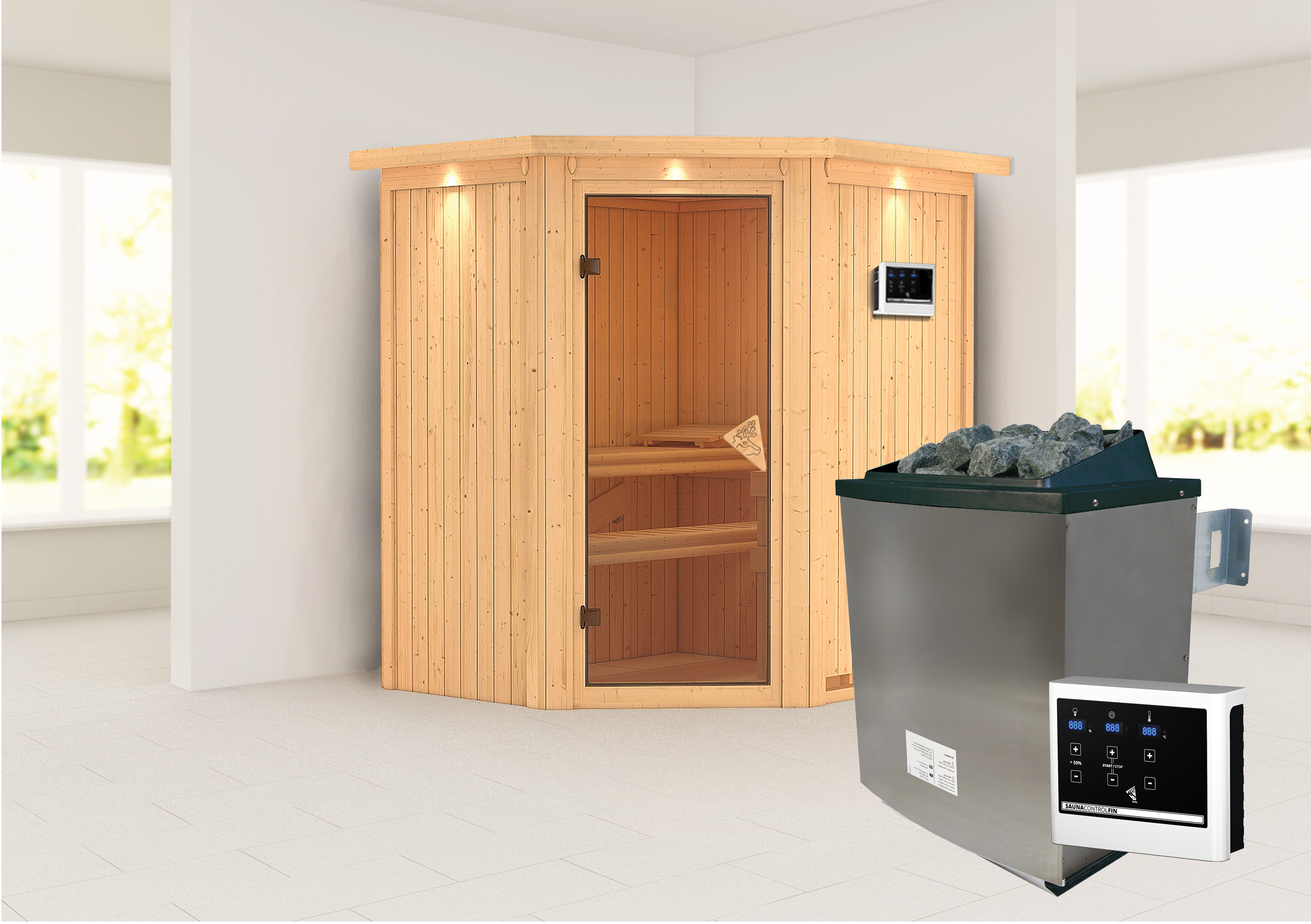 Karibu Sauna »»Liyah« mit bronzierter Tür und Kranz naturbelassen«, in vers günstig online kaufen