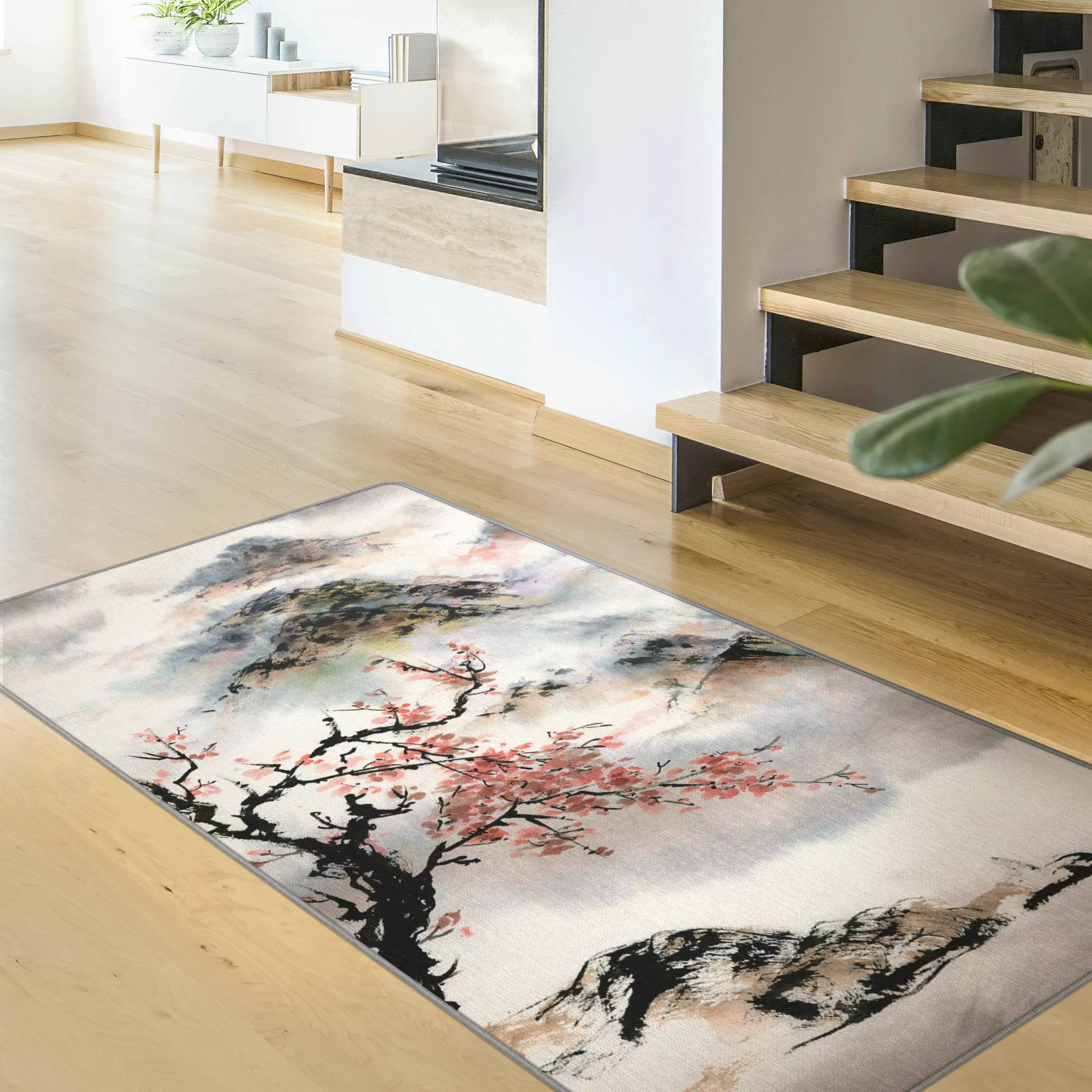 Teppich Japanische Aquarell Zeichnung Kirschbaum und Berge günstig online kaufen