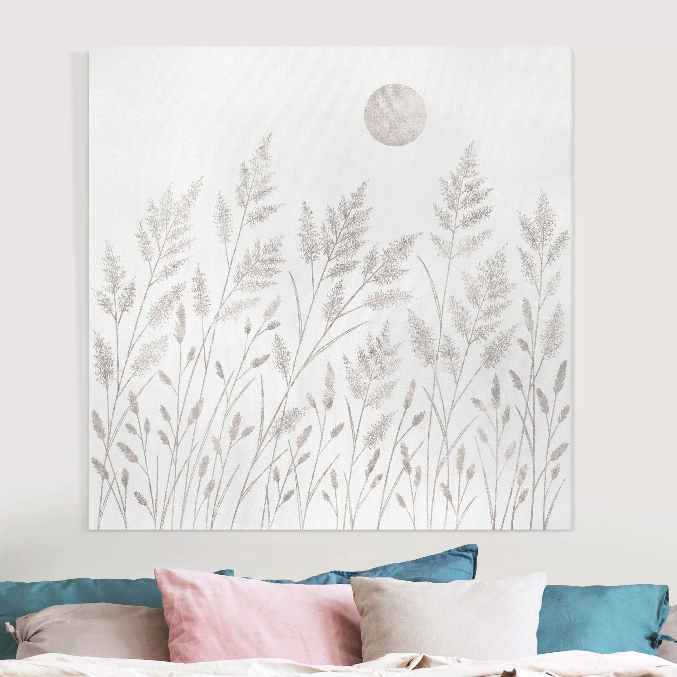 Leinwandbild Gräser und Mond in Silber günstig online kaufen