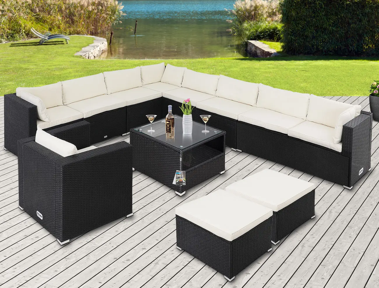 Polyrattan Ecklounge XXXL Schwarz/Creme inkl Kissen günstig online kaufen