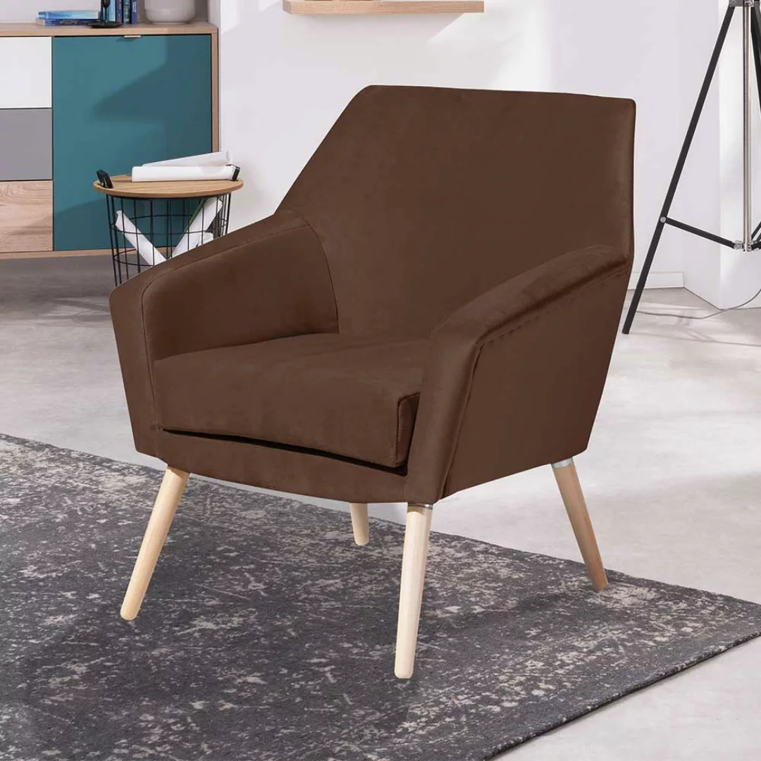 Brauner Samtvelours Sessel im Retrostil Vierfußgestell aus Holz günstig online kaufen