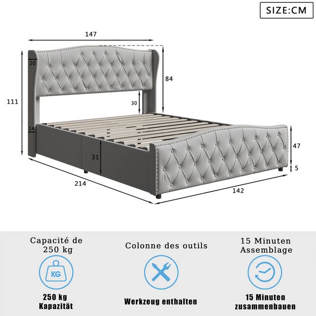 FUROKOY Polsterbett Doppelbett Stauraumbett Hydraulisch anhebbarer mit Gepo günstig online kaufen