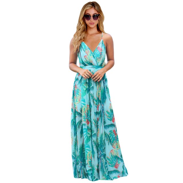 Mayou Strandkleid Damen Blumen Ärmellos V-Ausschnitt Boho Strandkleid Lang günstig online kaufen